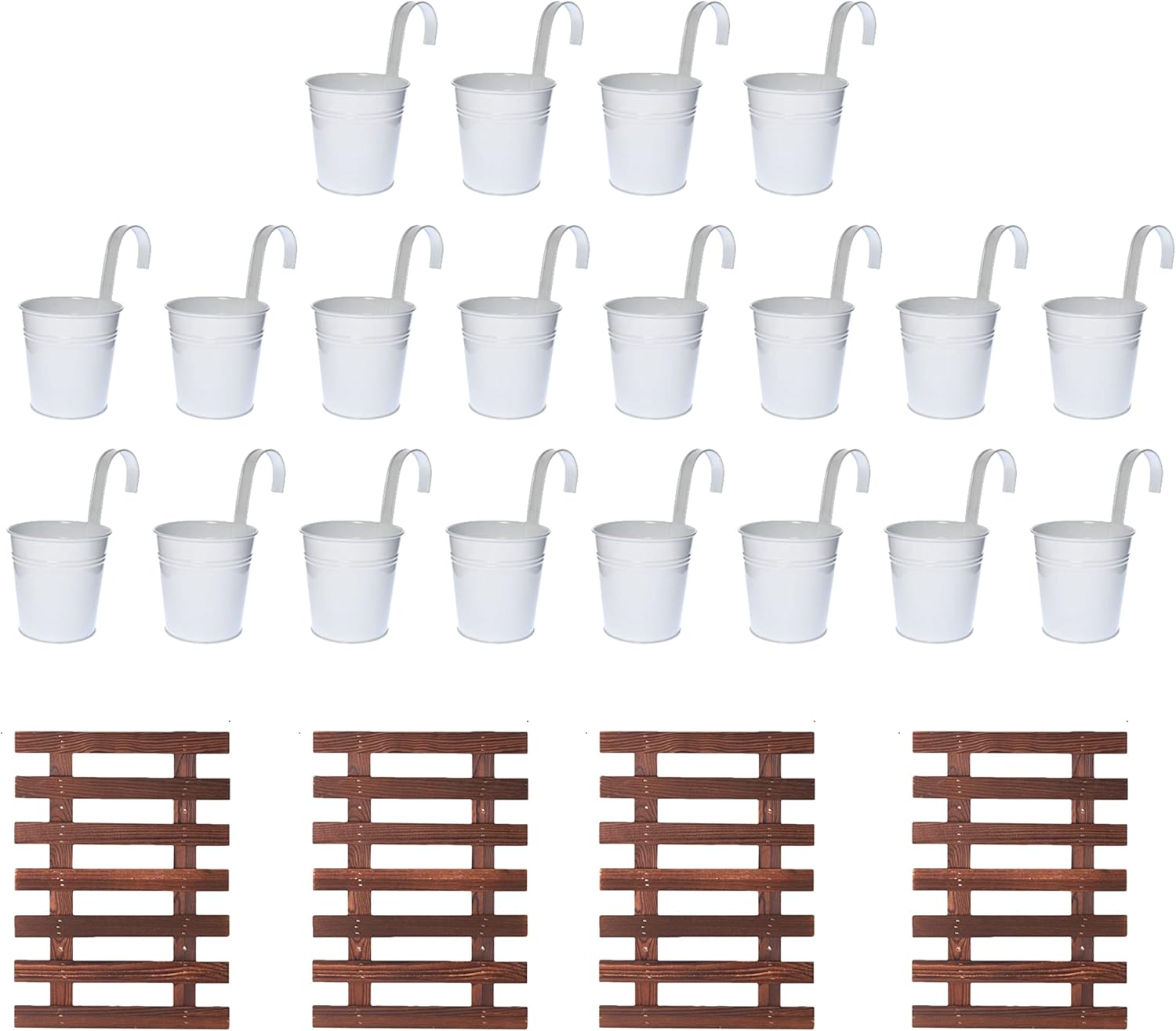 ShopLaLa Bundle - 4 Inch White Metal Pots x 20 Pack + 4 Pack Wooden Planter Holders, Indoor Vertical Wall Garden, Living Plant Wall Herb Garden Vertical System, Wall Mount Hydroponic Wall Pots