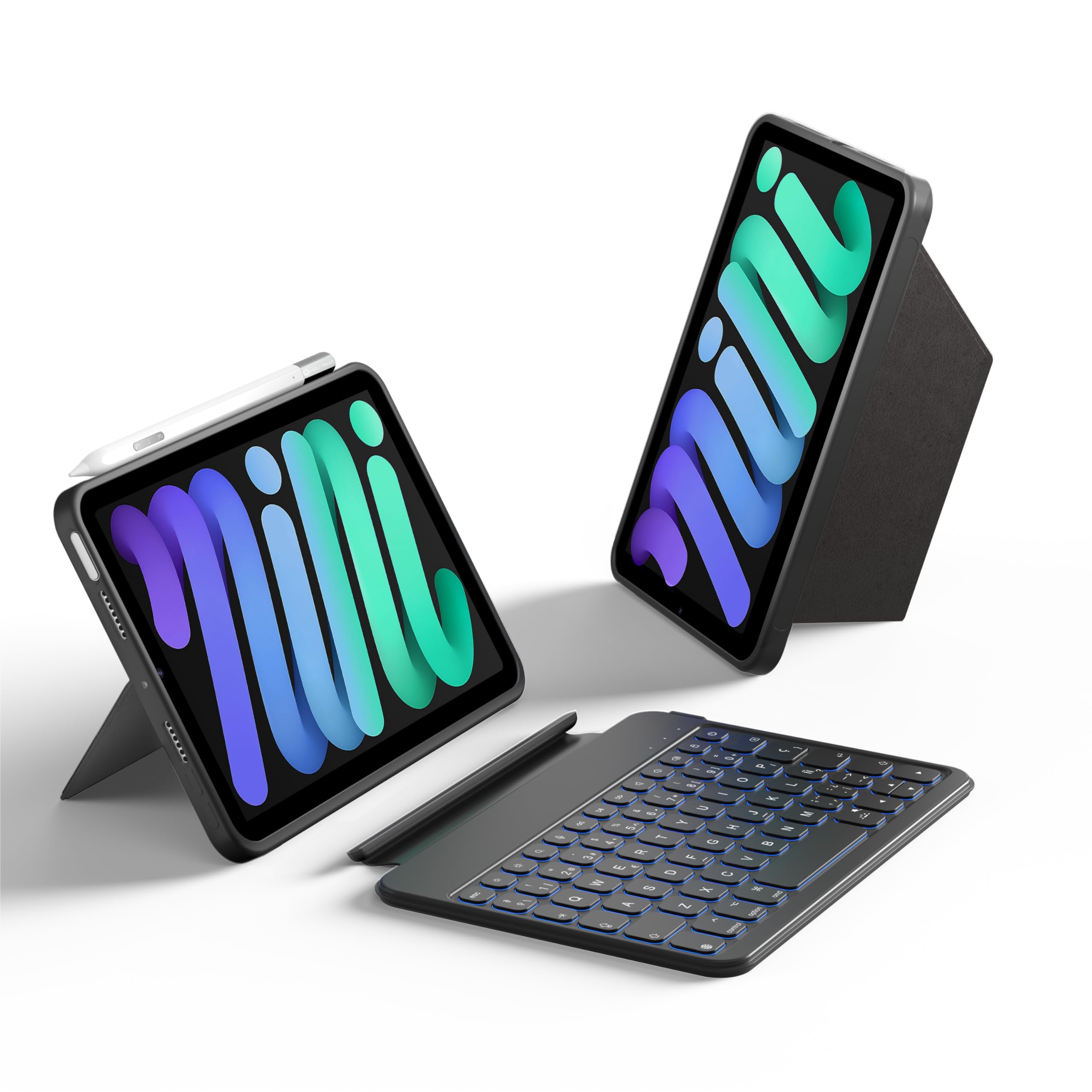 HOU Funda con Teclado extraíble para iPad Mini 7.ª/6.ª generación, Negro | Soporte ajustable, funda protectora integral extraíble, 11 atajos, retroiluminación de 7 colores, silicona PU, Bluetooth