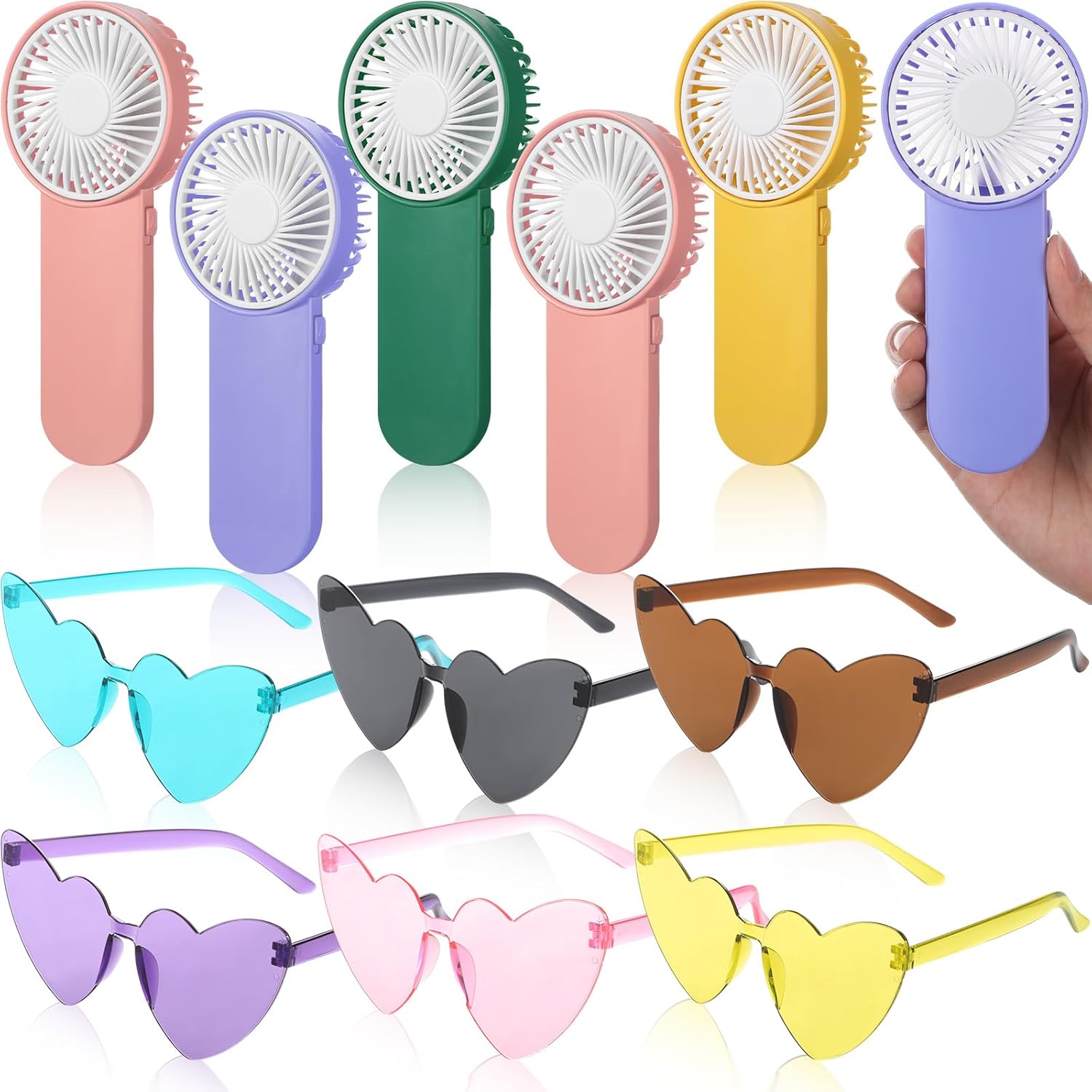 Tuanse 12 Pcs Portable Handheld Fan Heart Shaped Sunglasses Bulk Summer Party Favors Supplies Pocket Fans Heart Glasses for Beach Gift Swimming Travel Trip Park Outdoor (Pink)