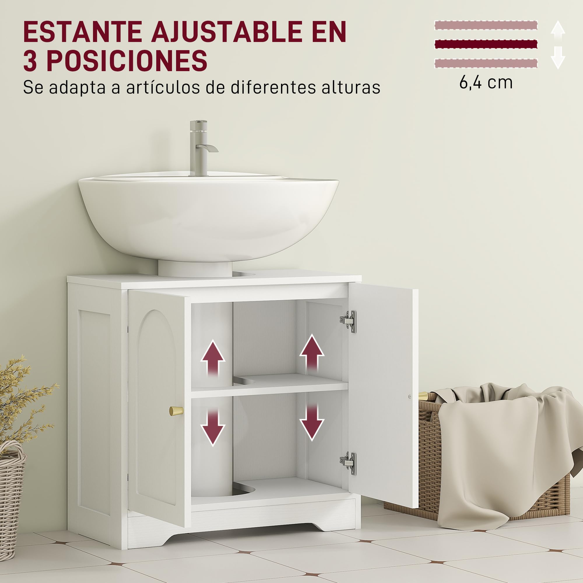 HOMCOM Mueble bajo Lavabo Mueble de Baño con 2 Puertas con Diseño de Arco Estante Ajustable Tiradores Dorados para Lavabo con o sin Pedestal 60x30x65 cm Blanco