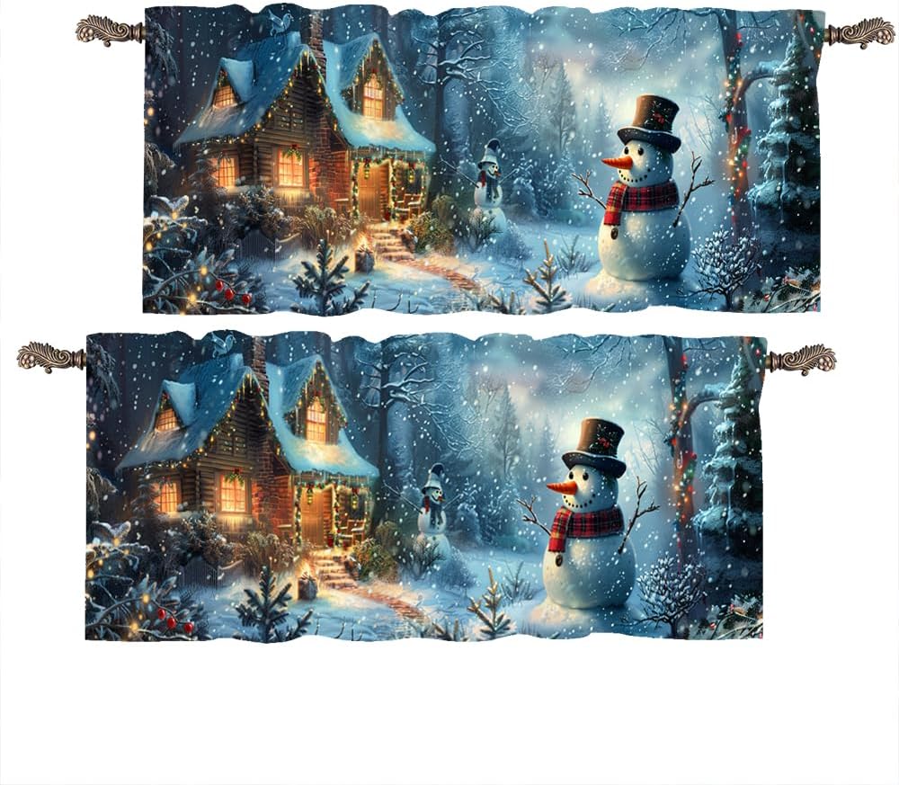 2 Panels Rustic Cabin Snowman Curtain Valance for Windows, Christmas Themed Rod Pocket Short Window Treatment Decor Drapes for Kitchen, Bathroom, 54" X 18"