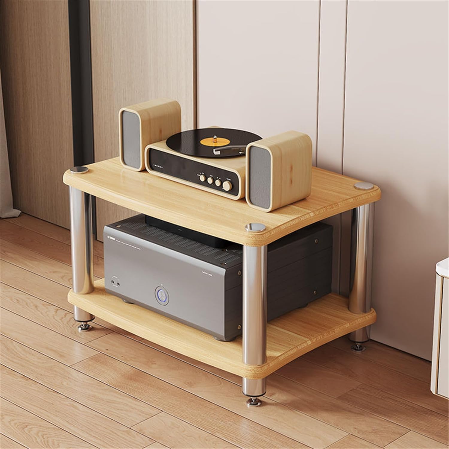 1/2/3/4 Tier Stereo Rack AV Media Stand with Shelves, Audio Rack Tower CD Record Player Stereo Receiver AV Equipment Cabinet Display Stand Media Audio Tower Cabinet,Wood,2 Tier