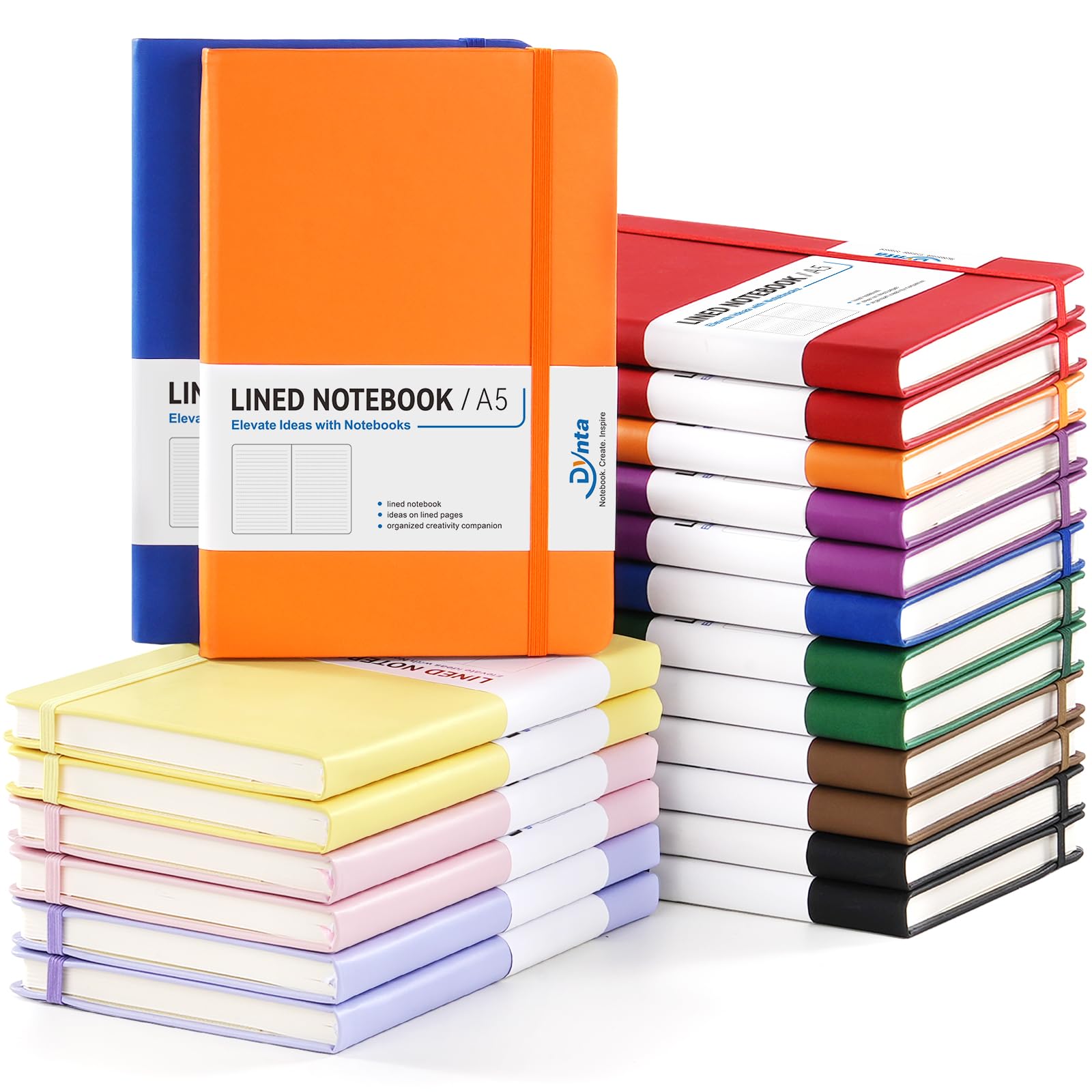Dynta Paquete de 20 diarios de tapa dura a granel, cuadernos rayados A5 para el trabajo, 200 páginas/100 hojas, 5.8 x 8.4 pulgadas, cuaderno de rayas universitarias de 10 colores para mujeres y