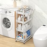 Vista 3 de JIUYOTREE 4-Tier Plastic Rolling Storage Cart Utility Cart with Extra Hanging Cups Handles Lockable Wheels for Living Room Bathroom Kitchen Office