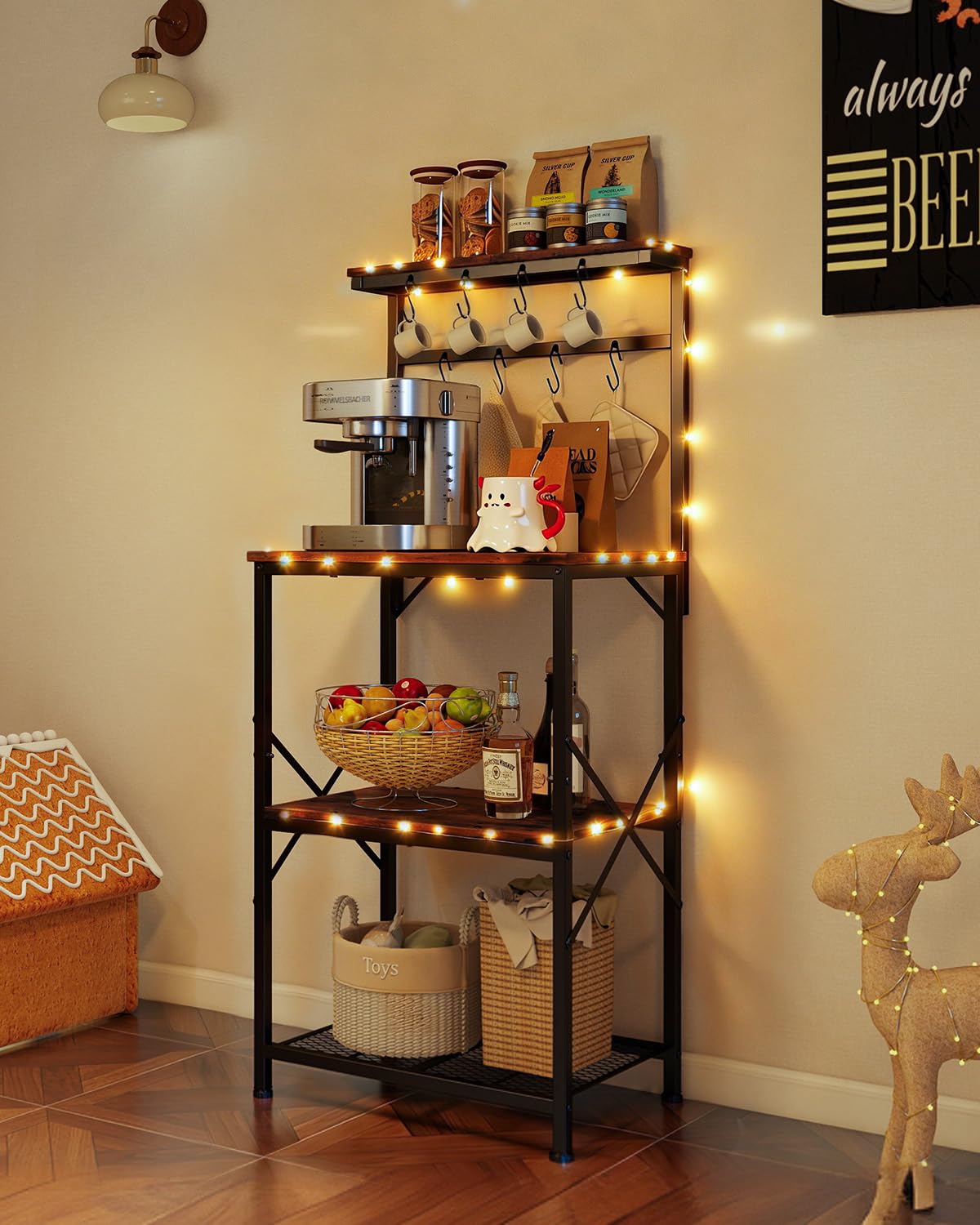 COMHOMA Étagère de Cuisine, Etagere Rangement pour Machine à Café, Étagère de Boulanger, 3 Étagères et 8 Crochets, pour Four à Micro-Ondes, Réglables, Cadre en métal, 55x37x126cm, Marron Rustique