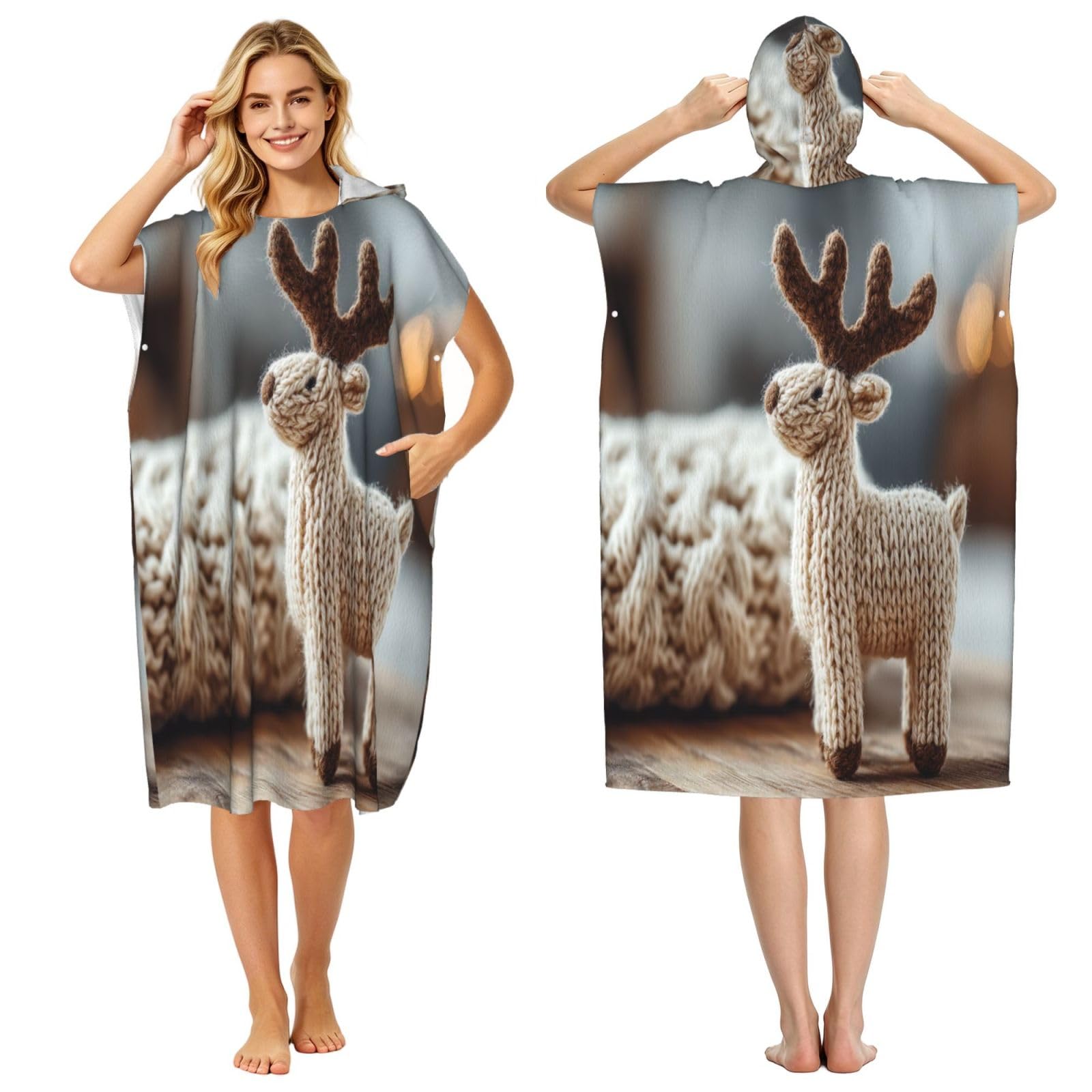 KLGRTJHK Knitted Deer Adult Hooded Beach Poncho Towel 43"X35"