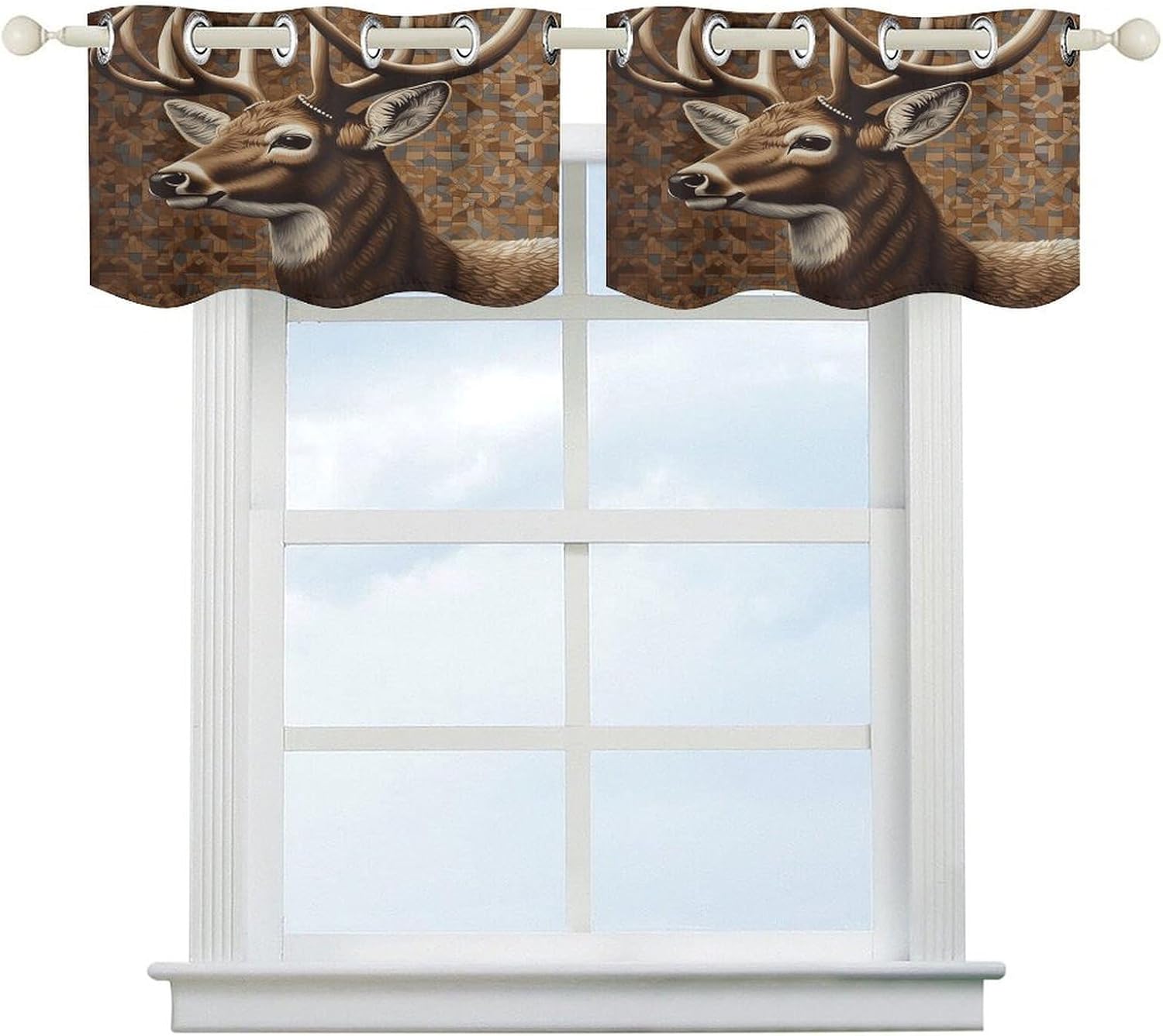 Deer on Brown Background Curtain 2 Panels, Polyester Fiber, Blackout Insulated Window Curtain, Curtain Valance for Kitchen Dining Room Living Room Cafe Small Window 52 * 18.1 Inches