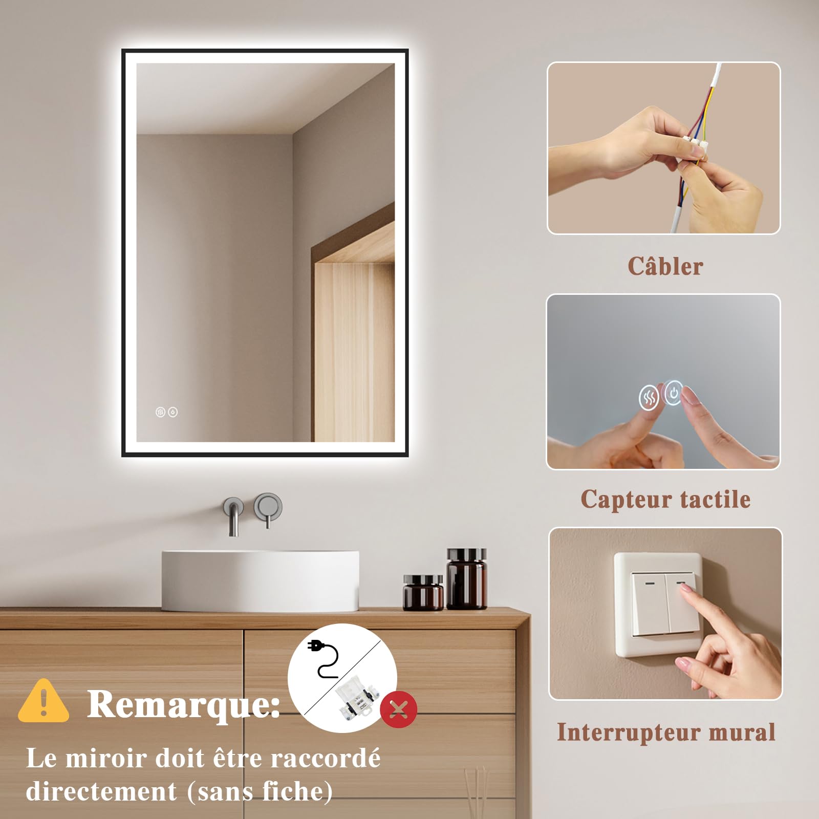 Specchio bagno 40x60 cm, specchio bagno con luce, anti-appannamento, dimmerabile, 3 Colori Di Luce Regolabili LED, specchio da bagno grande con touch,cornice in metallo nero