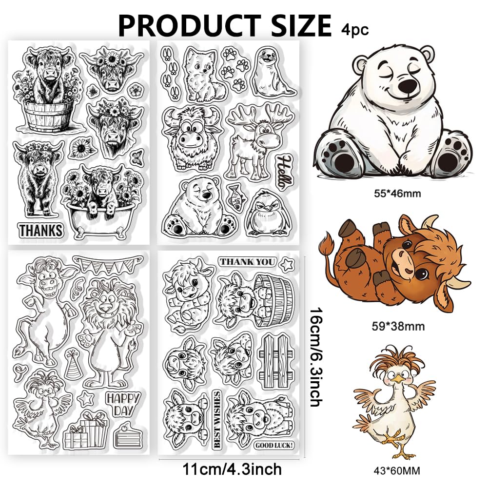 4 timbri trasparenti in silicone con motivo bestiame delle Highland, per fai da te, scrapbooking e creazione di biglietti, decorazioni artigianali con carta, 16 x 10 cm