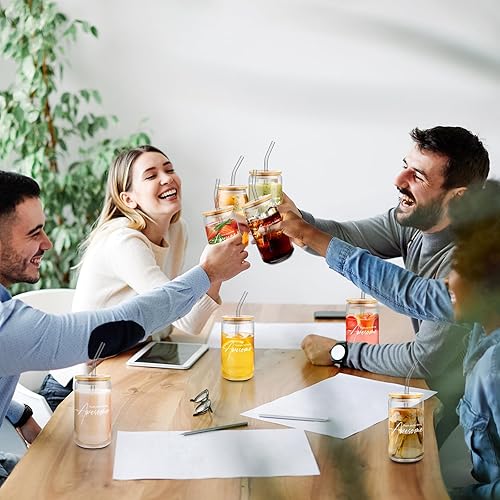 Miniatura 5 de Nuanchu Paquete de 12 vasos de vidrio a granel con tapas y pajitas de bambú, regalos de agradecimiento para compañeros de trabajo, profesores,