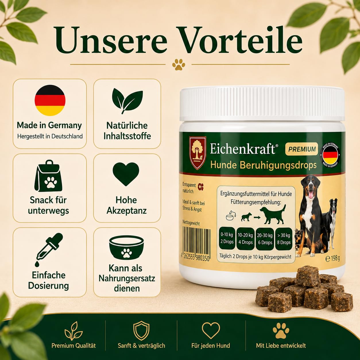 Hunde Beruhigungs Drops 270g | Kausnacks Hund für Beruhigung & Entspannungs- Anti-Stress-Mittel mit Baldrian, Ashwagandha, Johanneskraut, Hund beruhigen, Silvester, Autofahrt, Stress, Leckerli