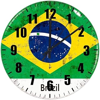 Personalized Brazil Wall Clock Silent Non Ticking World Countries Flag International Festival PVC Round Clock for Hotel Fitness Room Art Room Home Decoration 9 Inch