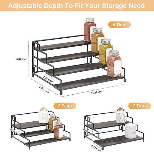 Miniatura 3 de Organizador de especias de 4 niveles para gabinete, profundidad ajustable para armario de despensa, organizador de condimentos de metal, estante