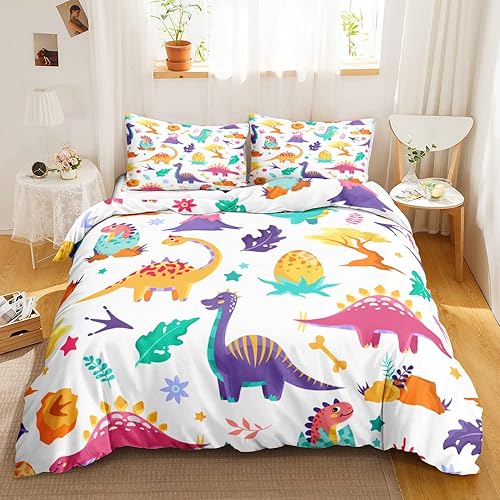 CVHOUSE Juego de ropa de cama de dinosaurio para niños, tamaño matrimonial, juego de funda de edredón de dinosaurio, juego de cama de dinosaurio