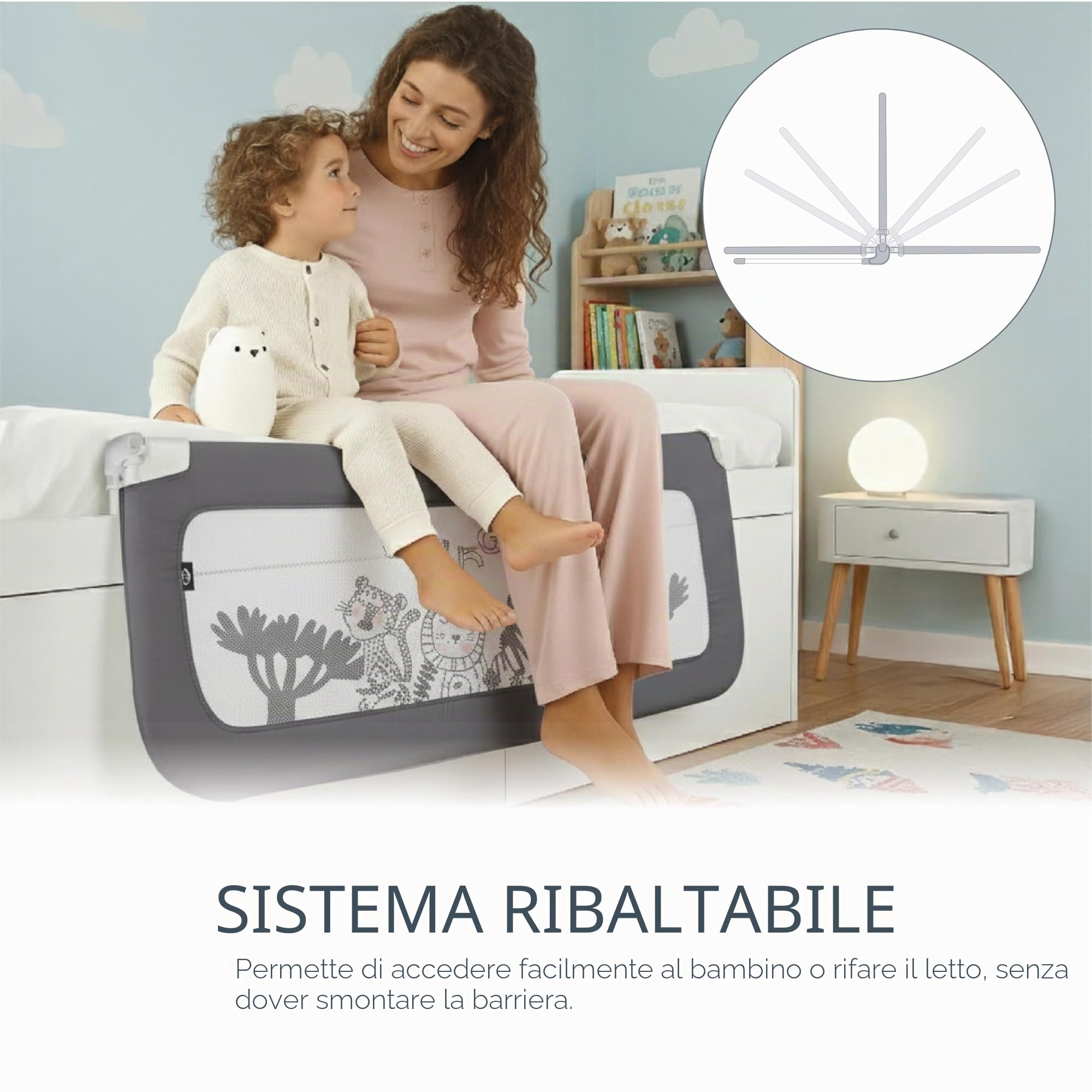 ms Baby World - Balaustra di sicurezza portatile per bambini | Barriera per letto da viaggio | pieghevole e portatile, fissaggio sicuro, 150 cm | Grigio.