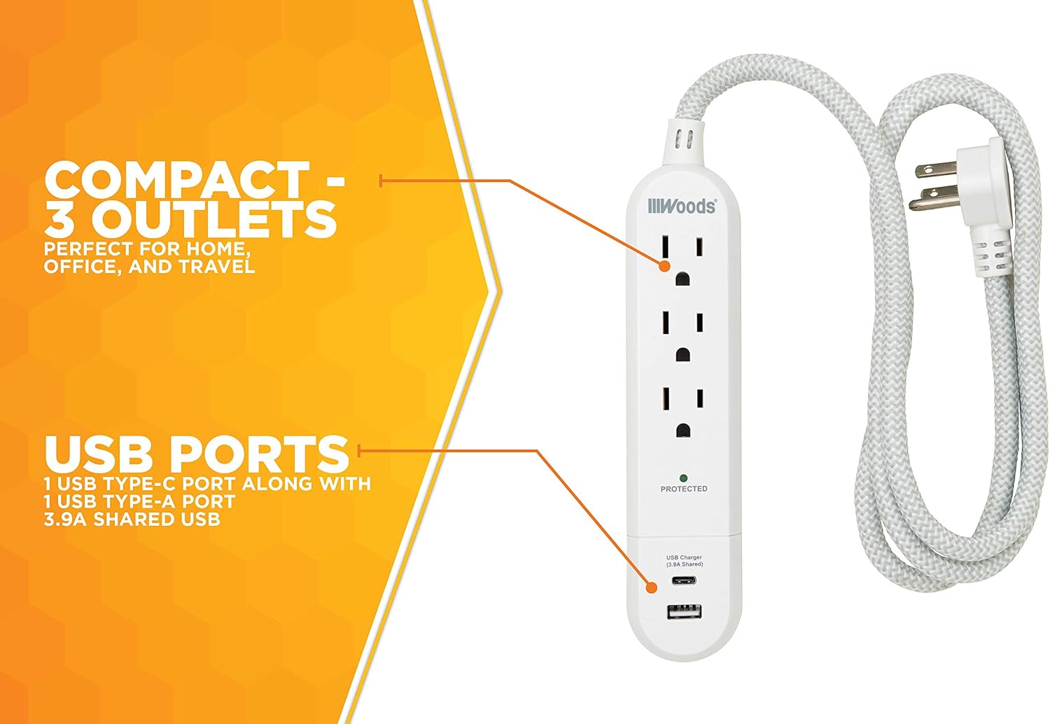 41026 3-Outlet Surge Protector with 3.9A USB-A & USB-C Charger, 250 Joules of Surge Protection and 4' Braided Fabric Cord
