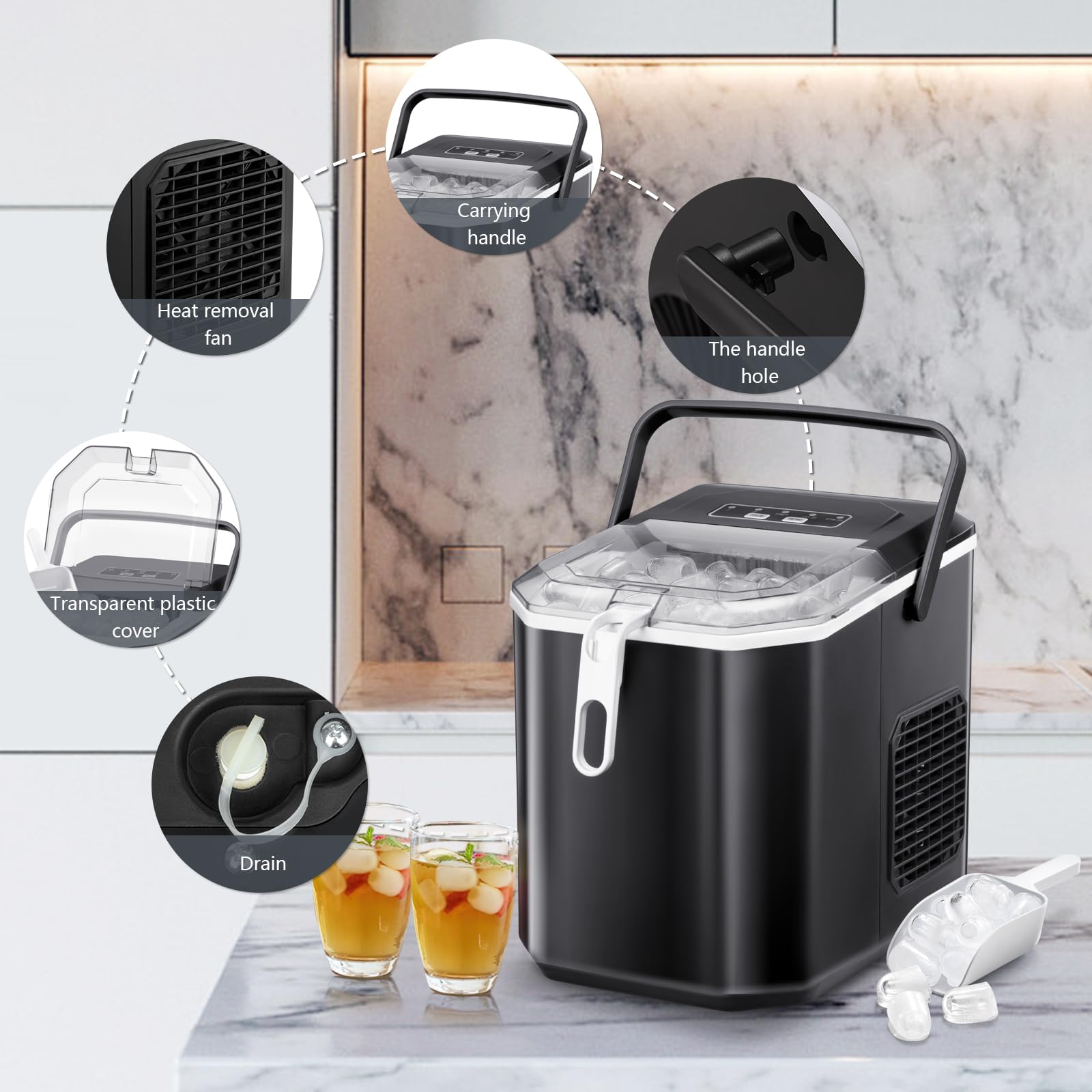 Antarctic Star Portable Ice Maker, 9 Ice Cubes In 6-12mins, 28 Lbs/Day, 2 Size Of Bullet Ice, Ice Maker Machine, Self-Cleaning Function With Ice Scoop And Basket For Home/Kitchen/Office/RV(Black) on Fridge.com - View 6