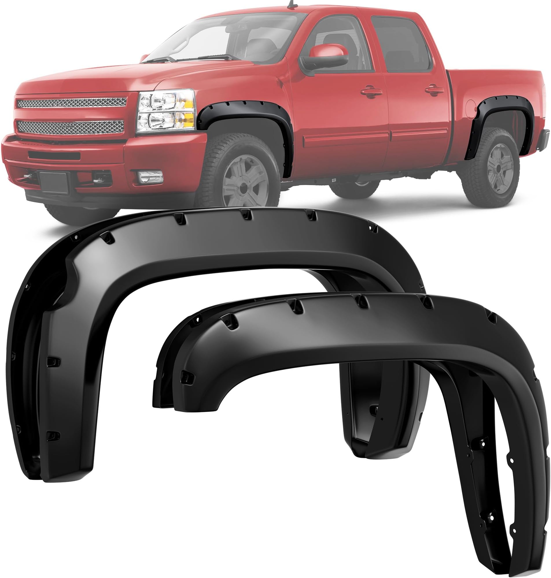 LEDKINGDOMUS Front & Rear Fender Flares Compatible with 2007-2013 Chevy Silverado 1500 (Only Fit 69.3” Short Bed) (NOT for GMC Sierra), Off-road Smooth Black Finish Wheel Flares Pocket Riveted Style