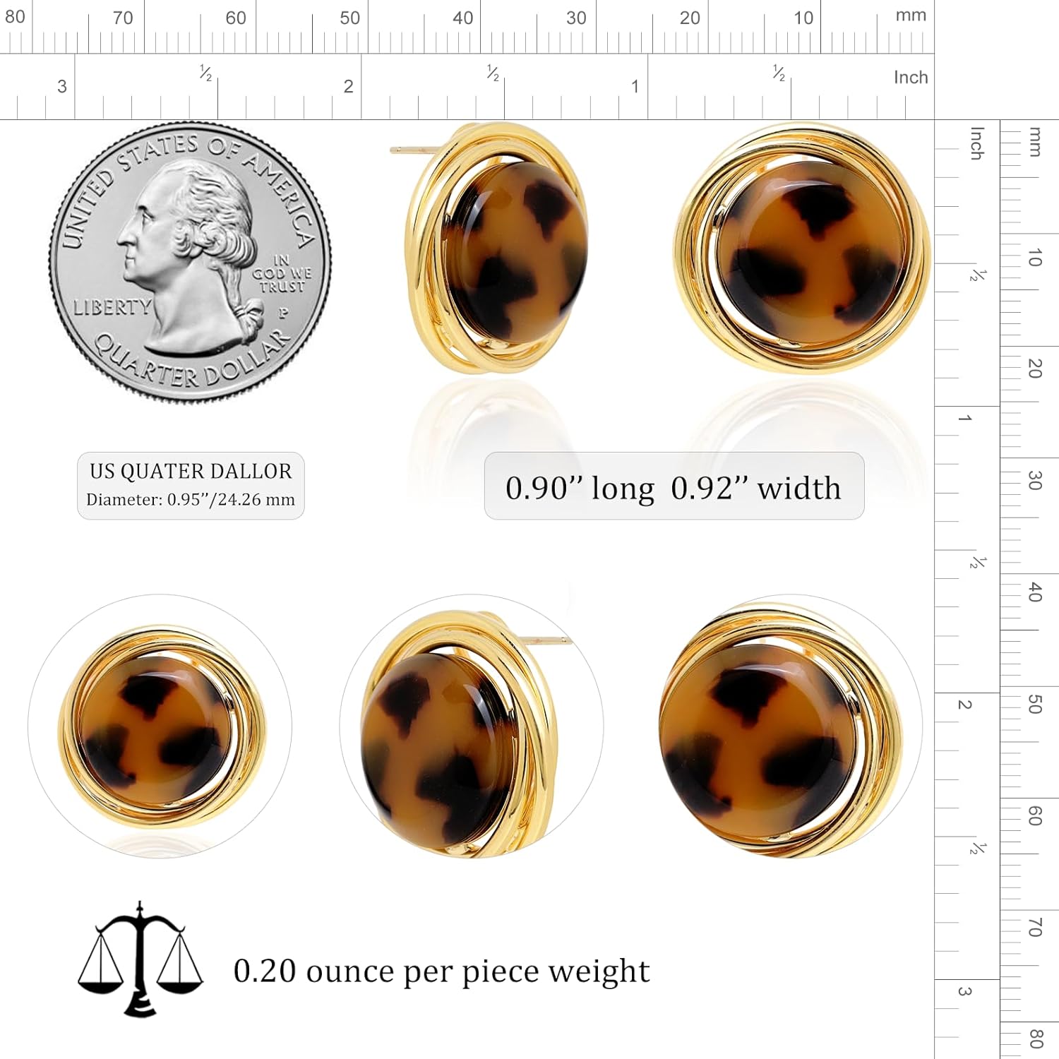 Jean Beau Gold Chunky Leopard Print Round Stud Earrings for Women, Trendy Brown Caramel Colored Circle Hypoallergenic Earing Jewelry Gift - Image 3