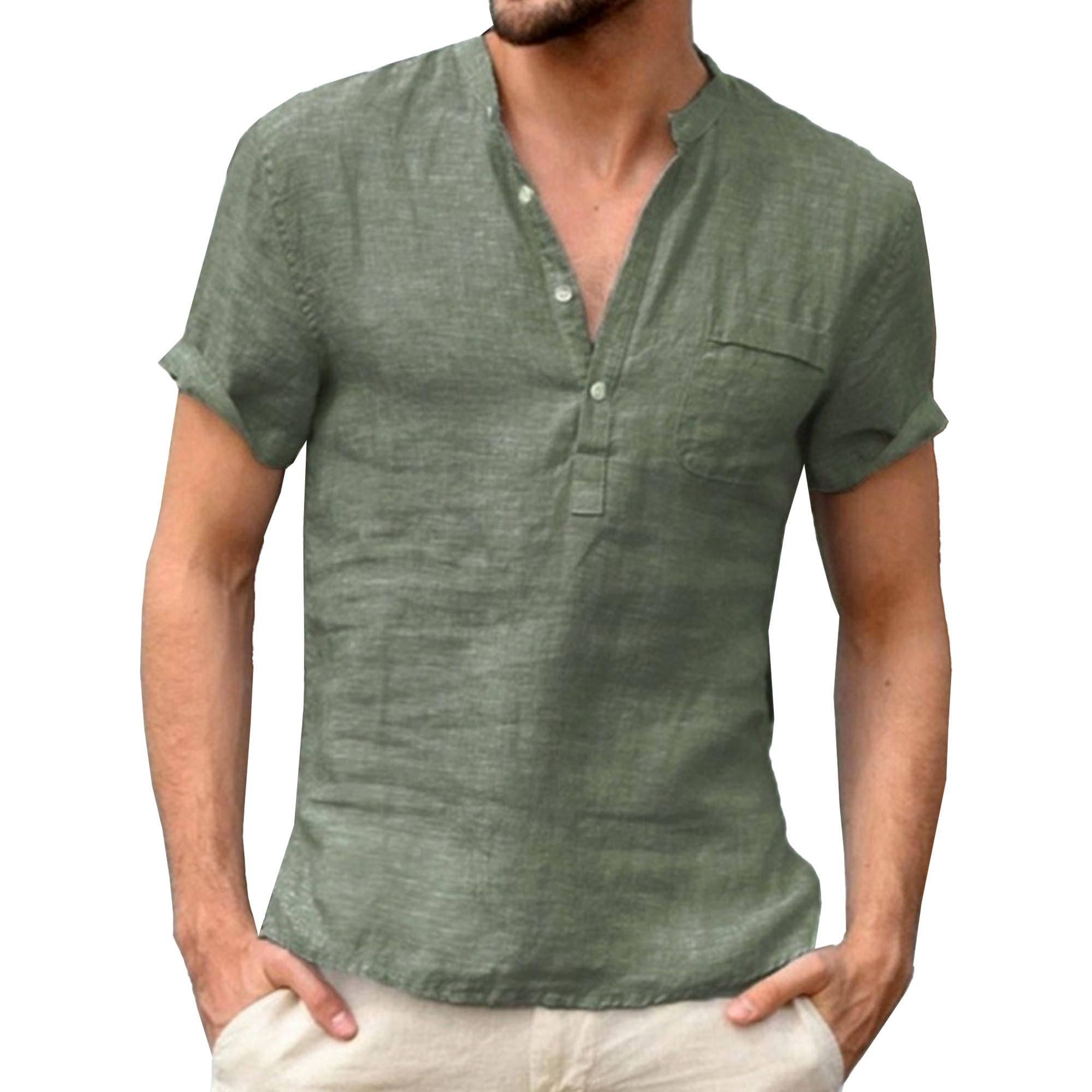 Men Solid Simple Short-Sleeved Shirt Stand Collar Button Semi-Cardigan Summer Street Cool Slim Thin T Shirts (Navy Green,3X-Large)