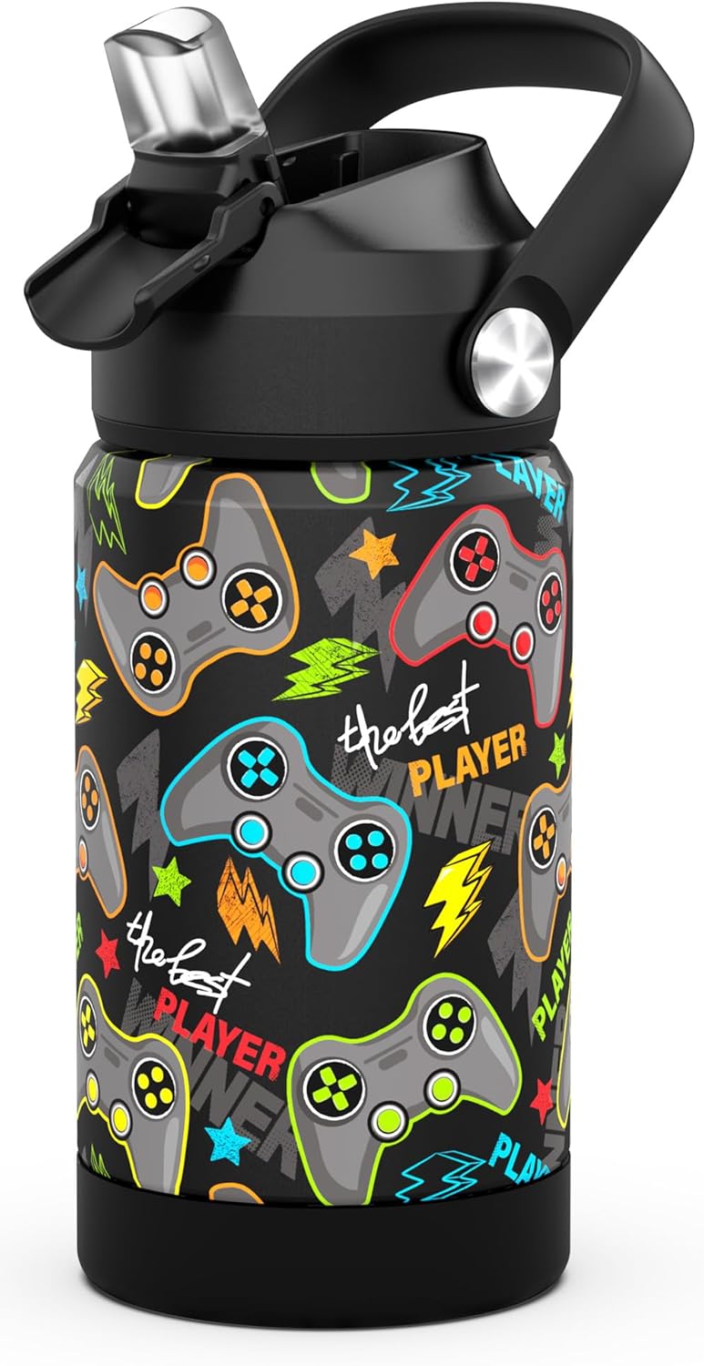 Boys Insulated Water Bottle with Straw,12 oz Kids Cups with Stainless Steel Leak Proof for School Daycare(Game)