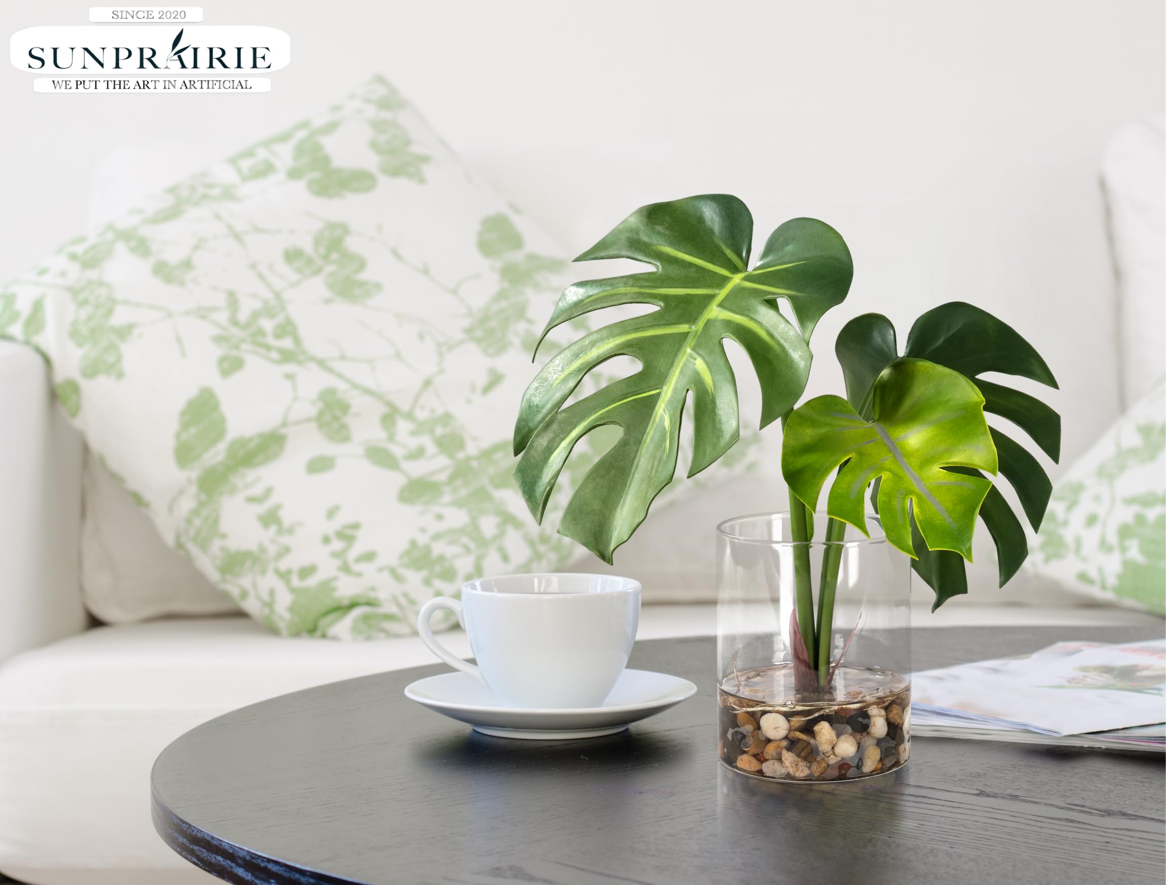 SUNPRAIRIE Plante artificielle réaliste en pot transparent avec de l'eau artificielle, larges feuilles de monstera, plantes artificielles d'intérieur et d'extérieur