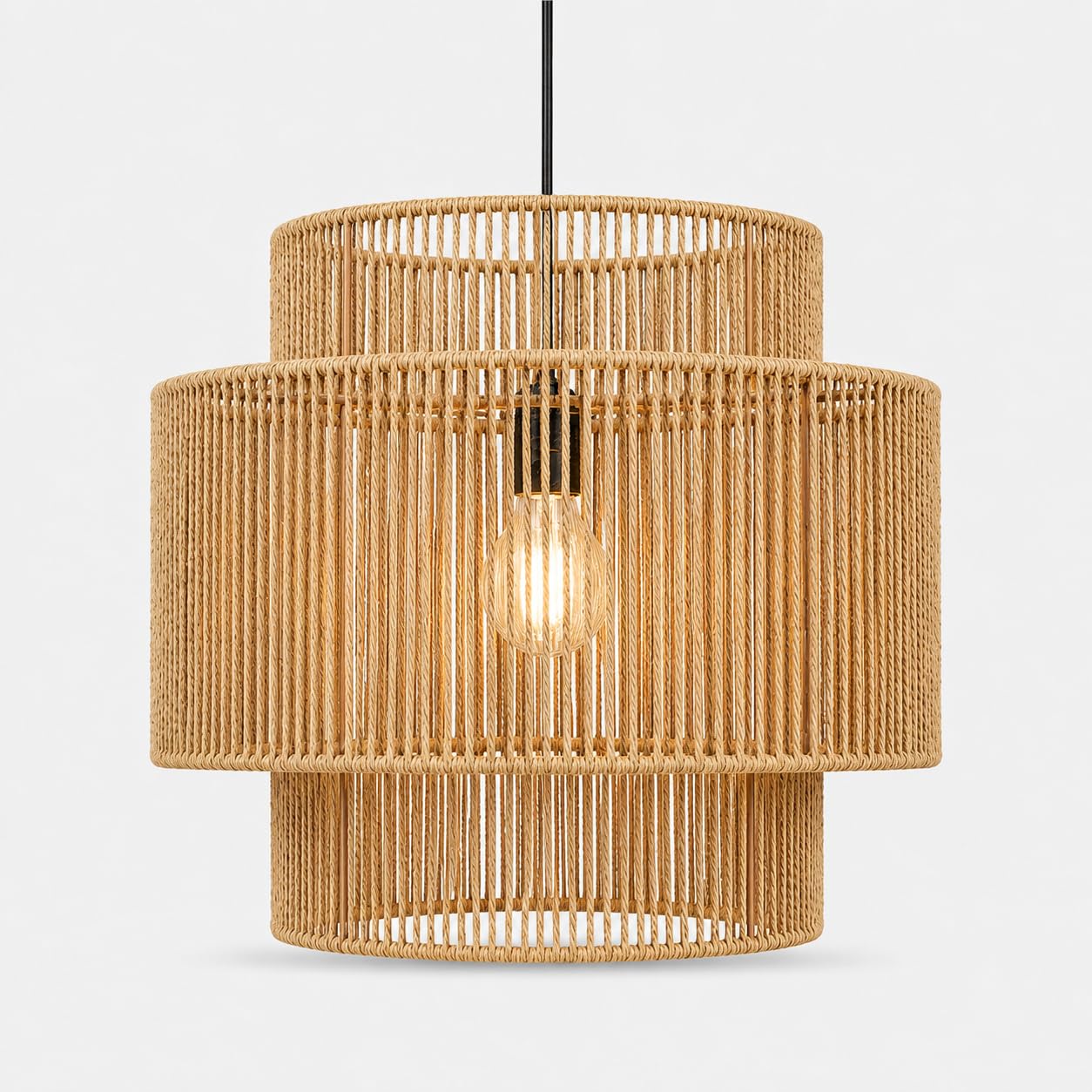NUODIFAN Boho Lampenschirm, Handgewebte Papierschnur Hängelampe, Dreistufige Boho Lampe für Esszimmer & Wohnzimmer, Rustikale Natur Pendelleuchte Deckenlampe ohne Leuchtmittel 40cm