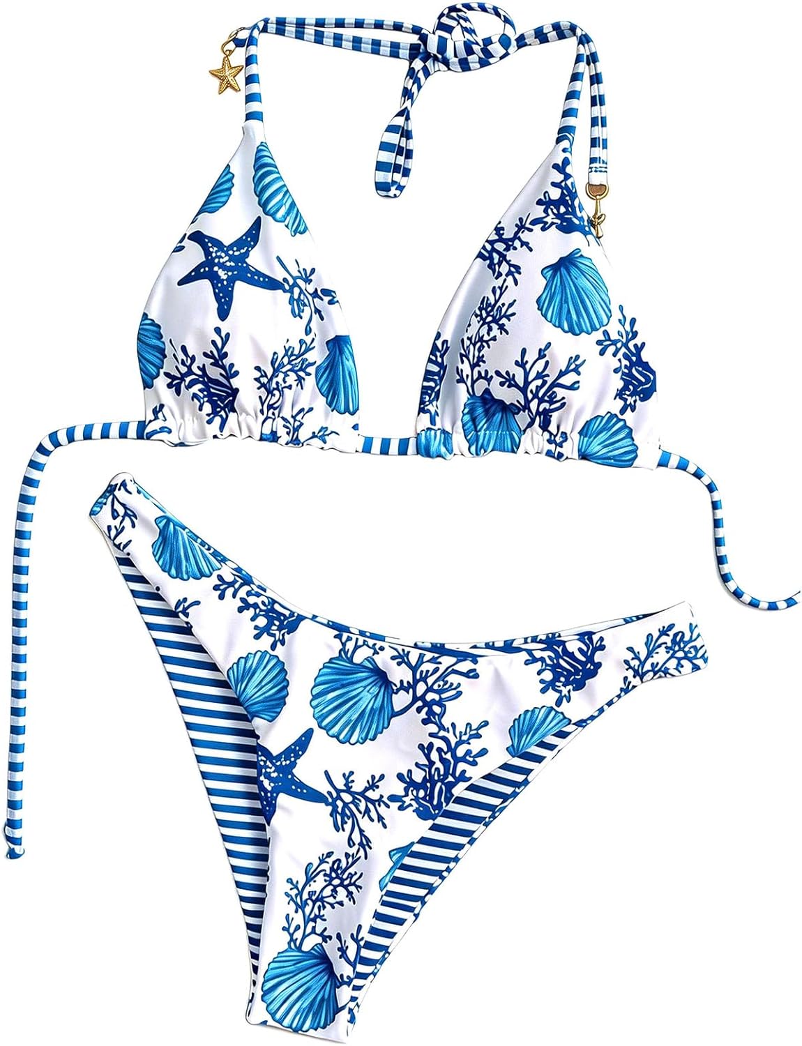 WDIRARA Women's 2 Piece Floral Striped Bikini Set Halter String Thong Swimsuit High Cut Bathing Suit