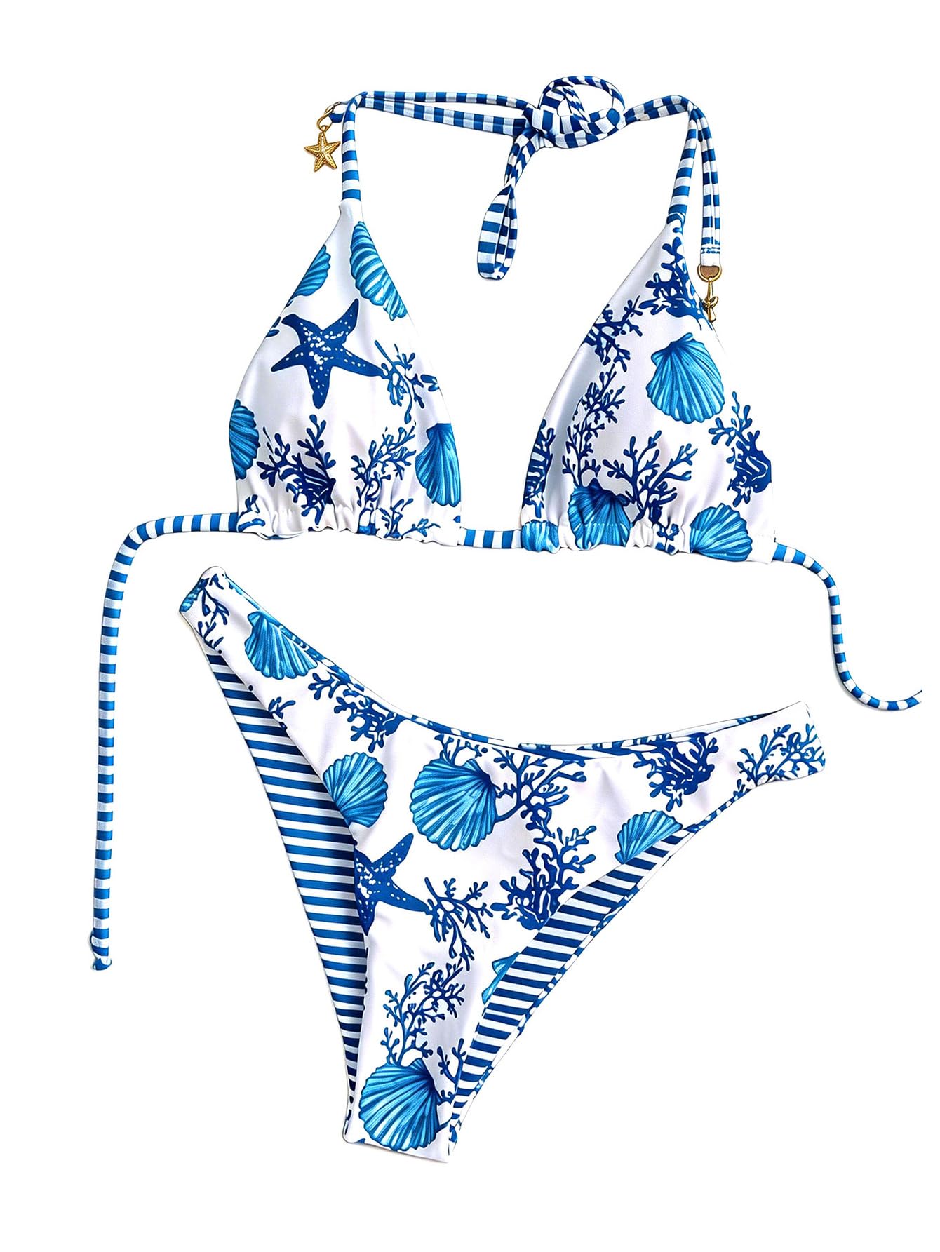 Damski Dwuczęściowy Zestaw Bikini W Paski Kwiaty Wiązany Na Szyi Stringi Strój Kąpielowy Wysoko Wycięty Kostium Różowy I Fioletowy Średni