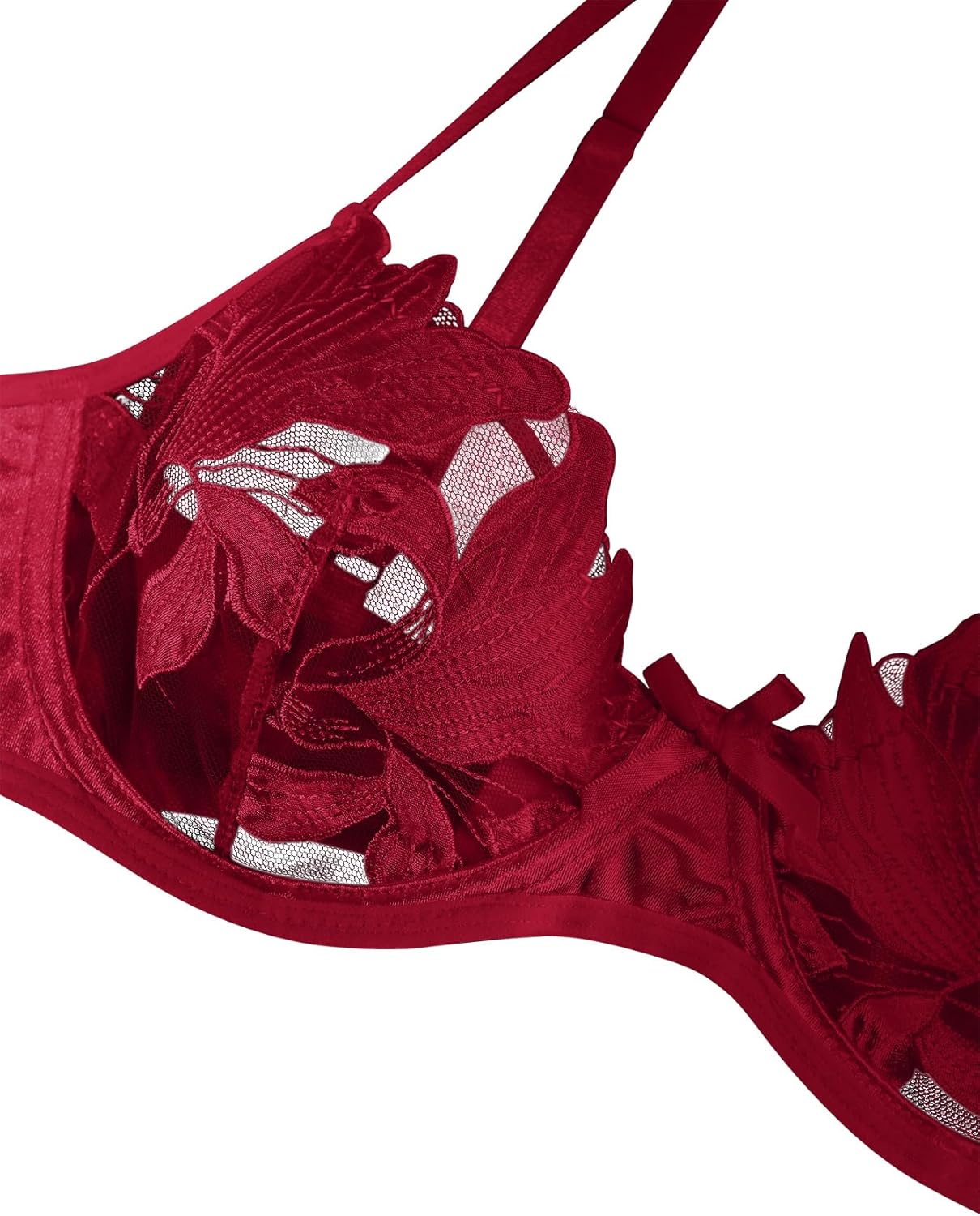 Lilosy Sexy Satin Mesh Floral Sheer Embroidered Underwire Lingerie Set 2 Piece Women - Image 3