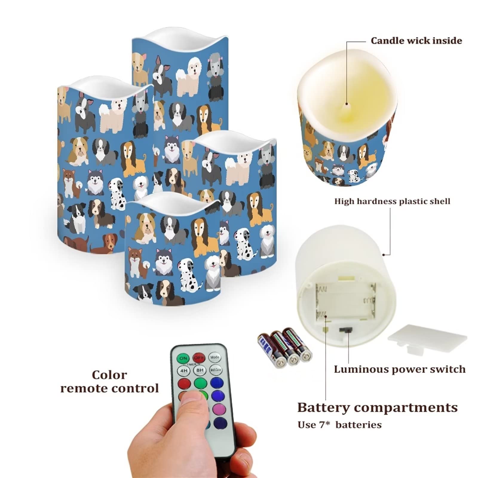 DISNIMO Candele a forma di cane senza fiamma, pilastro a batteria in vera cera tremolante, set regalo elettrico con telecomando in bicicletta 4/8 ore Timer D: 8 "x H: 6,9" 14,5 cm Confezione da 4