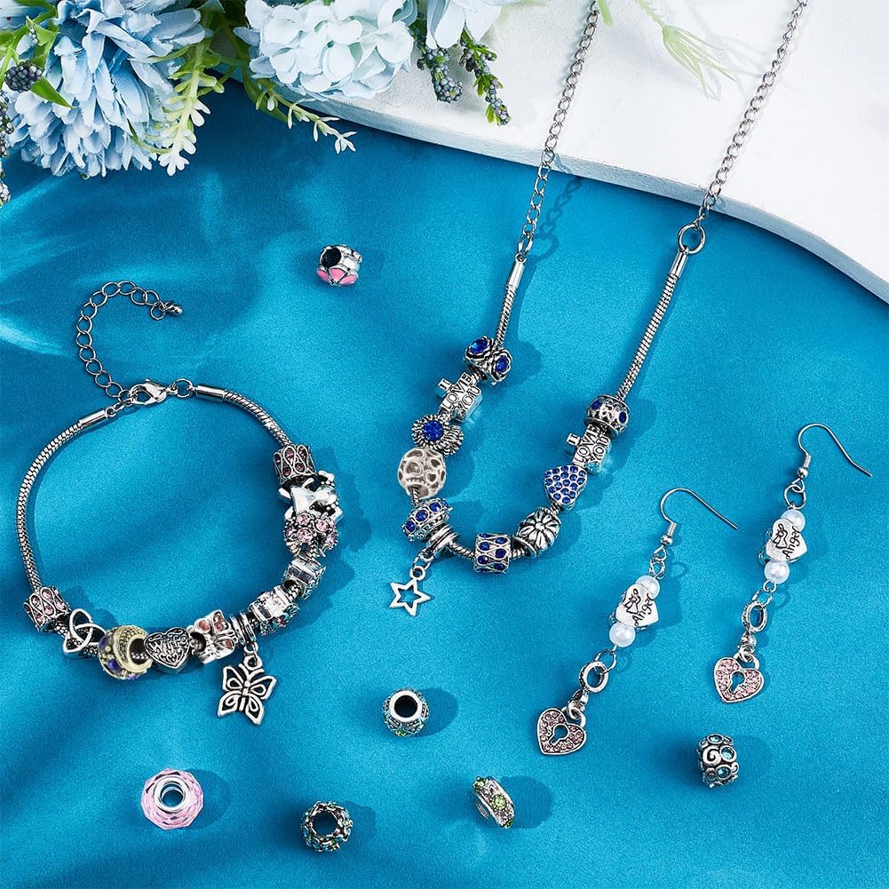 PH PandaHall 60 Styles Large Hole European Lampwork Beads Murano Glass Beads Rhinestone Spacers Metal Dangle Pendant Charms for Snake Chain Bracelet Bangle Necklace, 60pcs - Image 6