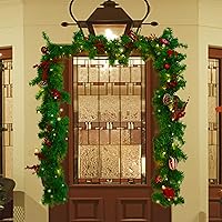 Vista 7 de MorTime Guirnalda de Navidad LED de 9 pies con piñas, lazos de bayas rojas, bolas de Navidad, guirnalda de Navidad multifunción con 50 luces LED