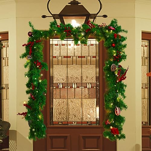 Miniatura 7 de MorTime Guirnalda de Navidad LED de 9 pies con piñas, lazos de bayas rojas, bolas de Navidad, guirnalda de Navidad multifunción con 50 luces LED