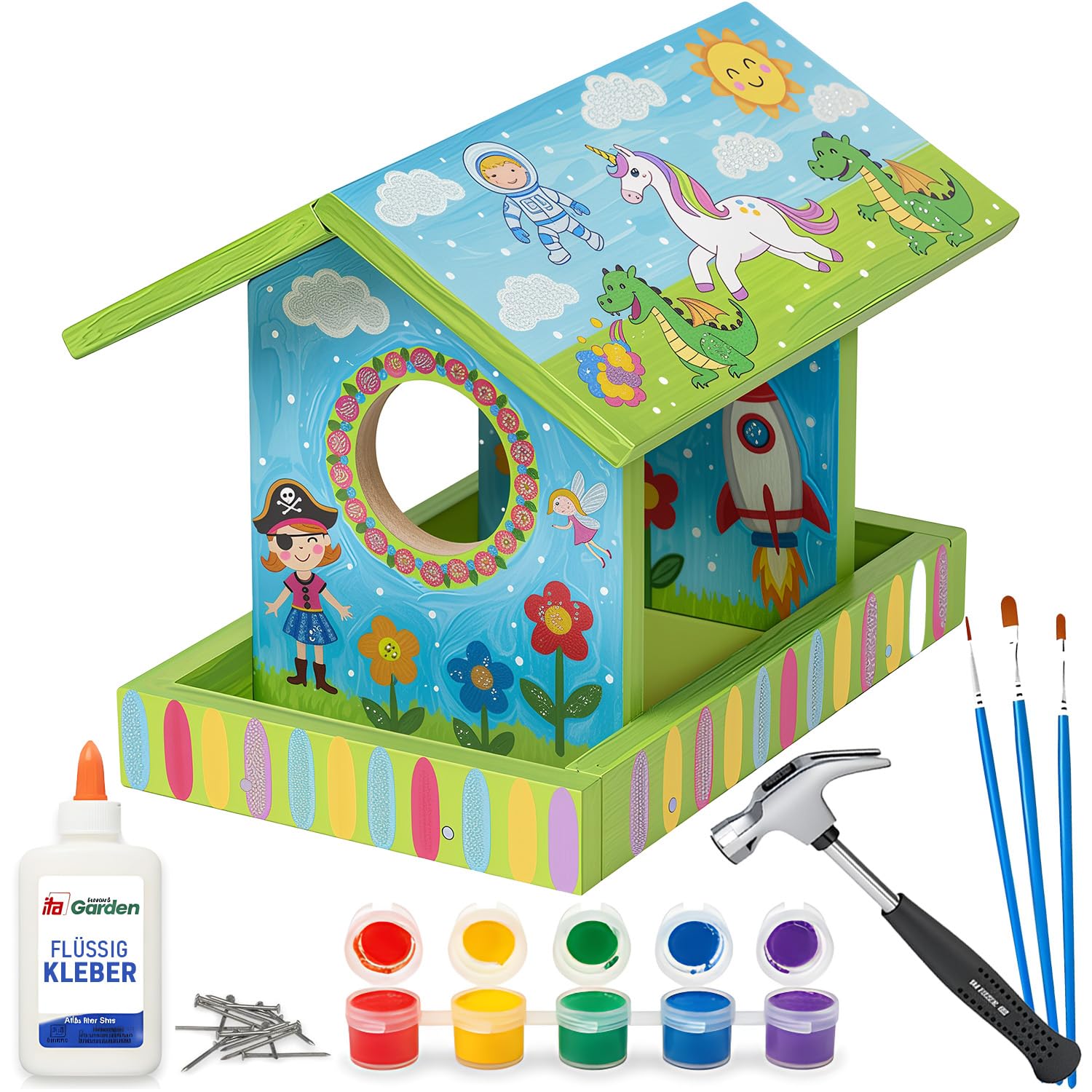 ITA DIY Futterhaus für Vögel zum Zusammenbauen und Bemalen BirdieBuffet - Vogelhaus Komplett Bausatz mit Hammer, Nägeln, Farben zum Bauen und Malen für Kinder - Bastelset für Jungen & Mädchen