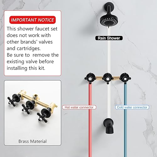 Miniatura 3 de BY3H003 - Juego de grifo de ducha de 3 manijas con boquilla de bañera, color negro mate para bañera y ducha, grifos de ducha completos, BY3H003