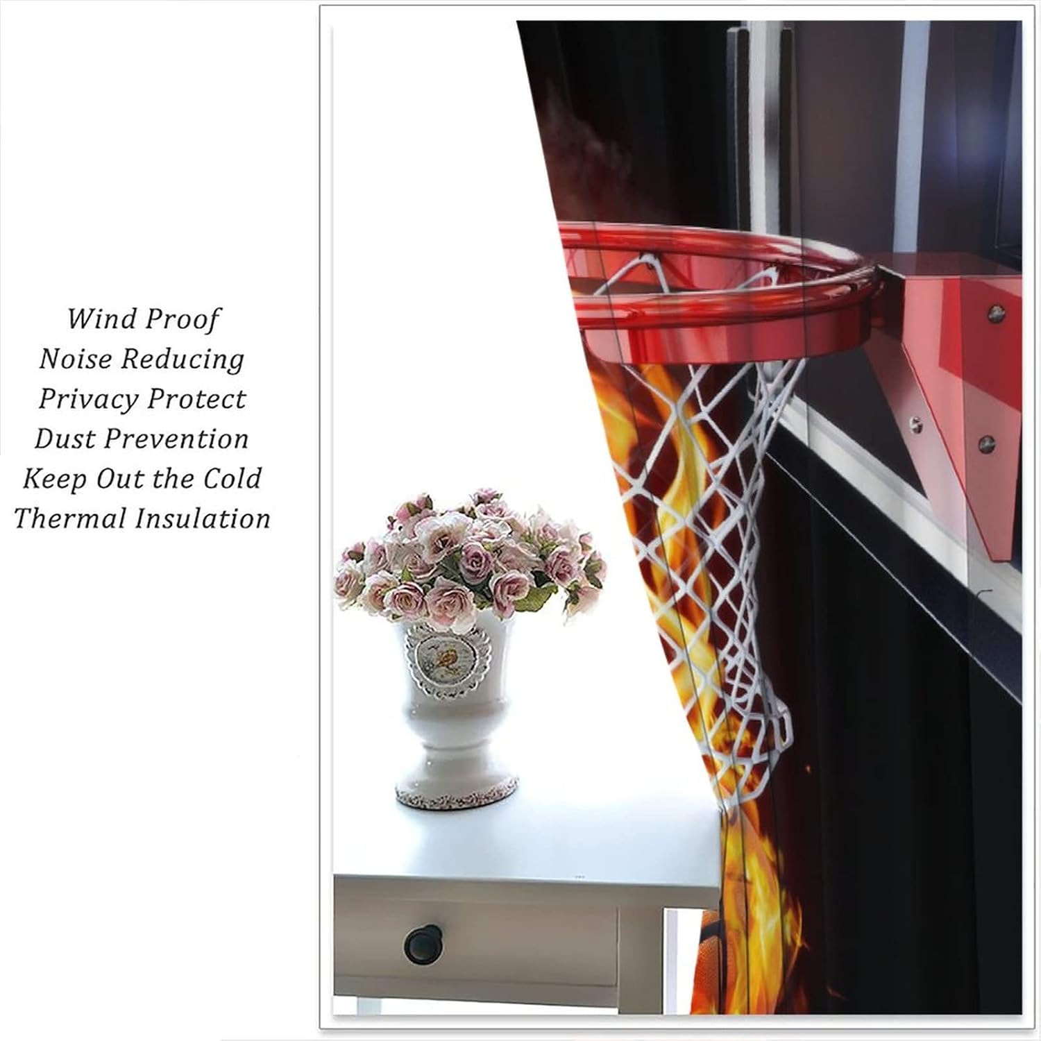 Basketball Curtains,3D Ball Flame Boys Sports Theme Room Darkening Door Window Rod Pocket Curtain for Living Room Kid Teen Men Bedroom W72xL63in