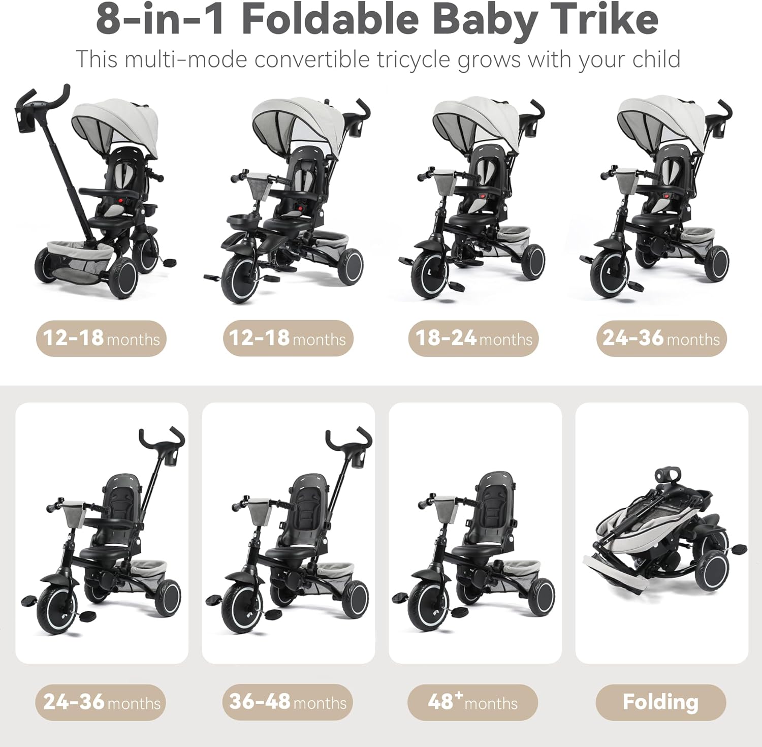 8 in 1 Kids Tricycle, Folding Toddler Tricycle Stroller w/Reversible Seat, Adjustable Push Rod & Canopy, Baby Trike Toddler Bike w/Bell, 5-Point Harness, Extra Storage, Cup Holder, Gray