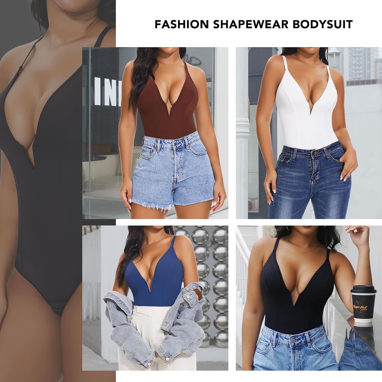 SHAPERIN Women's Deep V Neck Bodysuit Double Lined Plunge Tummy Control Shapewear Thong Body Suits Backless Cami Tank - Image 5