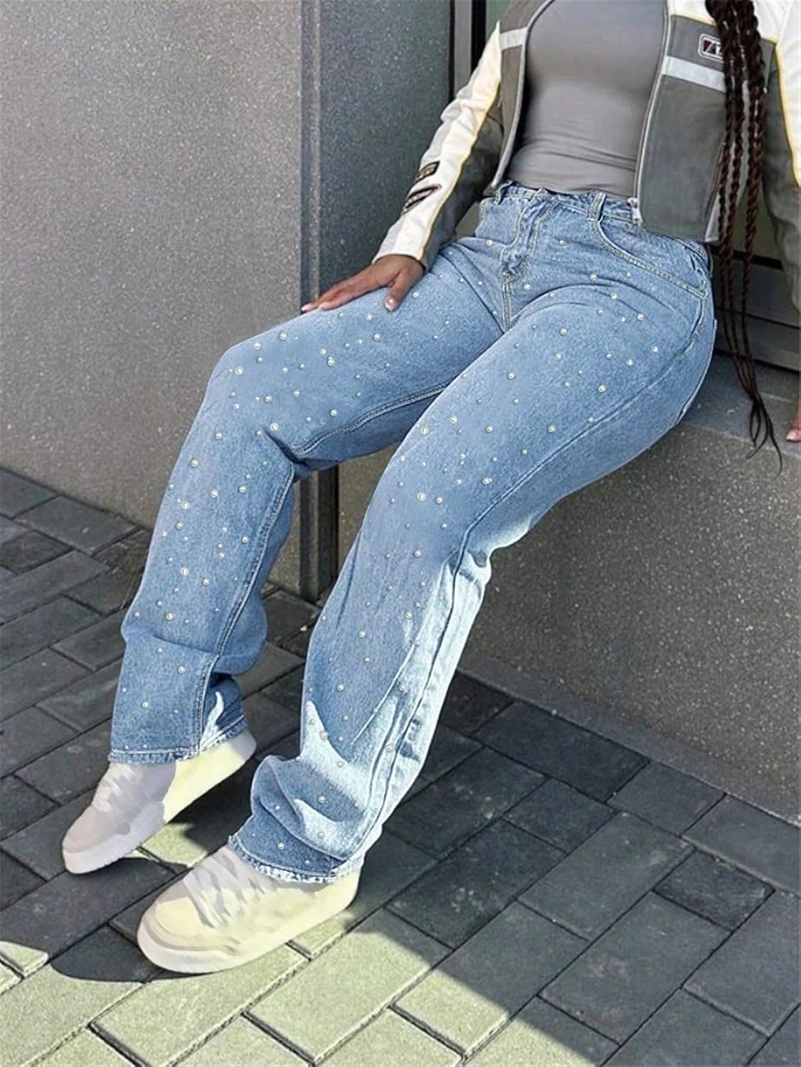 Pearl Jeans for Women Y2K Boyfriend Baggy Straight Wide Leg Jeans Rhinestone Casual Denim Pants - Image 4