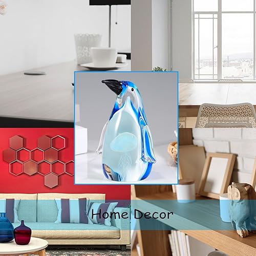 Miniatura 4 de Figura de pingüino de cristal azul soplado a mano con medusas, escultura de animales de cristal, coleccionable, decoración de mesa para el hogar,