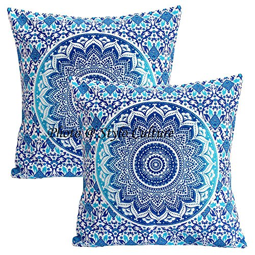 Stylo Culture Cojines Decorativos étnicos Cojín Decorativos a Cuadros Azul Cojín Decorativos Cojín Cuadrado de algodón Tradicional Mandala Ombre Cojines de 40x40 cm Cojín (Juego de 2 Piezas) Cover