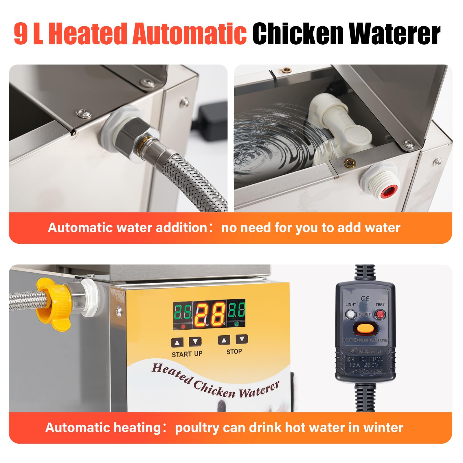 Beberera Calefactada Para Pollos,De Acero Inoxidable De 9 Litros Para Aves De Corral, Beberera Para Pollos Para Invierno, Calefactor Para Beberera AutomáTica Para