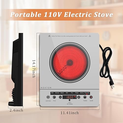 Miniatura 5 de Noxton Estufa eléctrica portátil de 110 V, 1800 W, estufa eléctrica de un solo quemador, placa de cocción eléctrica, temporizador de 4 horas, 9
