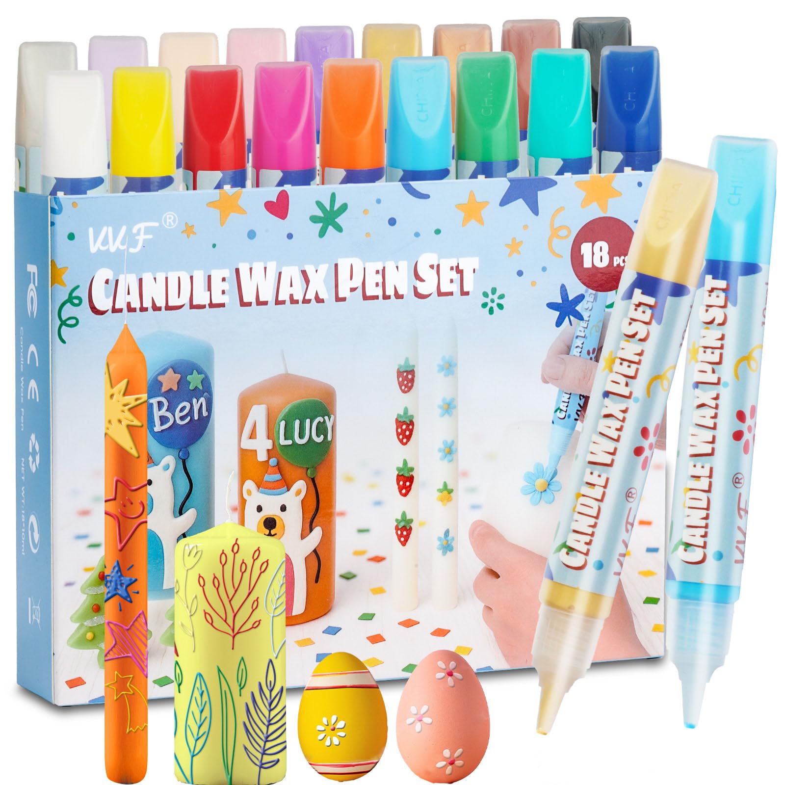 VVF Candle Paint Set, 18-Color Candle Wax Pens (3 Metallics) with Sponge & Sticker Stencils, Great for Candle Making, DIY Crafts, Holiday Gifts & Kids Painting((10ml*18)