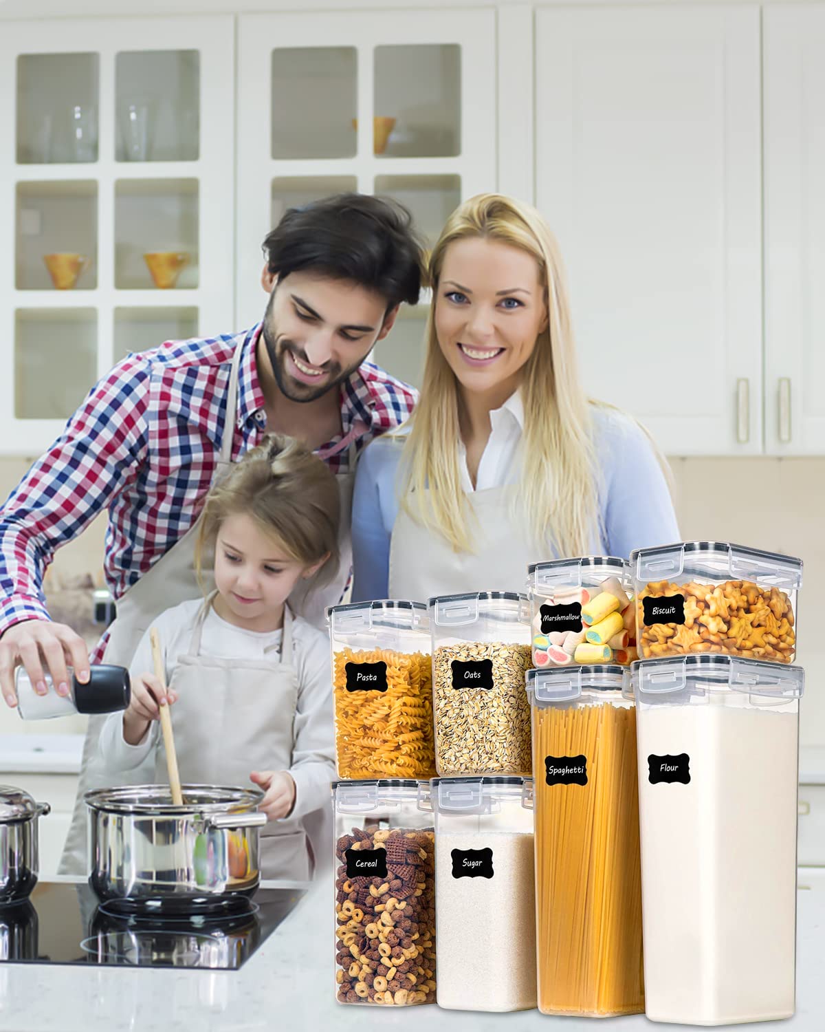 Contenitori Ermetici per Alimenti set 25 Pezzi, Contenitori Plastica Cucina con Coperchio,Spazzole，Etichette e cucchiai，Barattoli Ermetici per Cereali,Muesli,Pasta，Senza BPA（2.8L 2L 1.4L 0.8L）