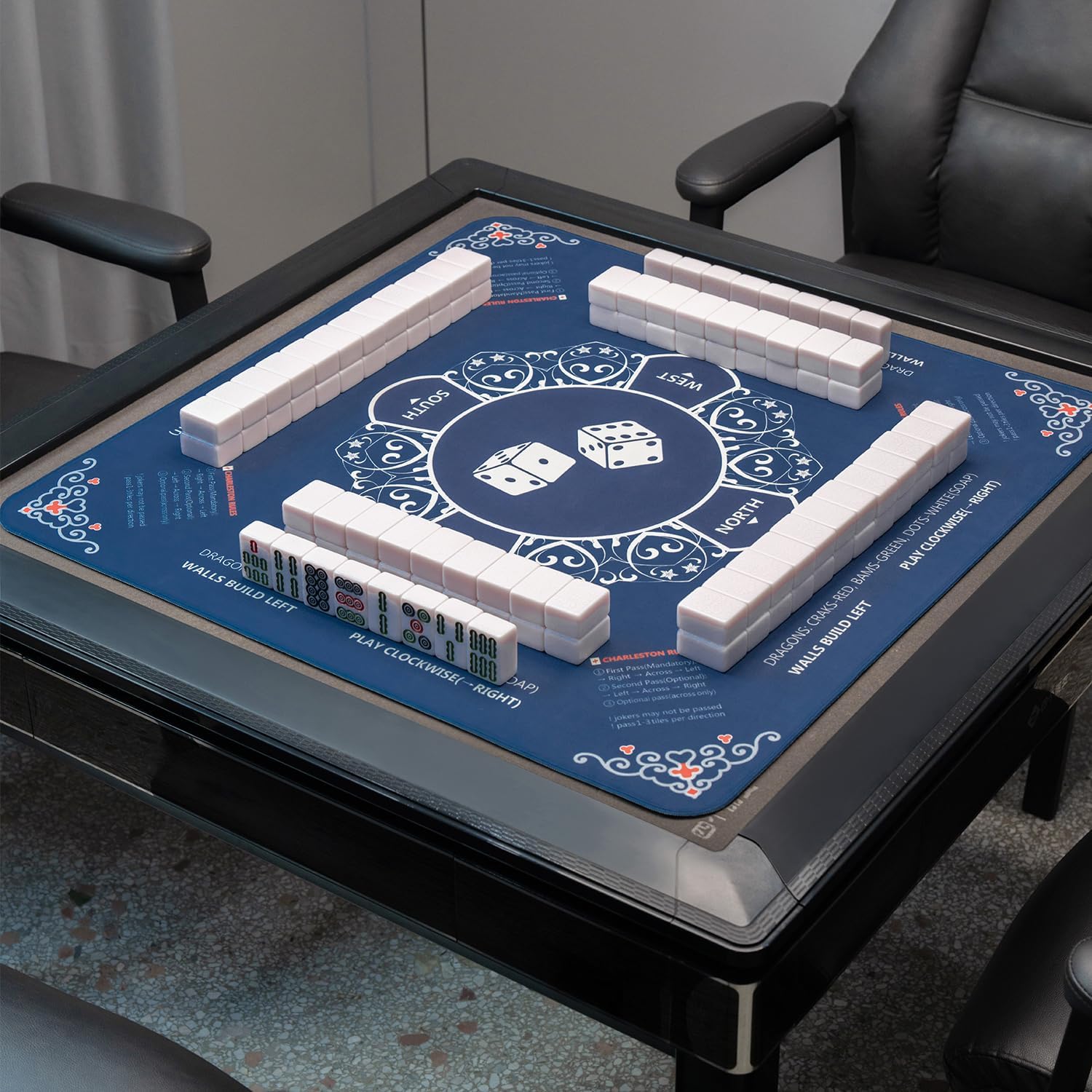 Mahjong Mat, Non-Slip Noise-Reducing Mahjong Mat for Table with Printed American Rules, Mah Jongg Mat with Carrying Bag, Odorless, Crease-Free, PAHs-Free Cover for Poker and Tile Games 31.5 in (Blue)