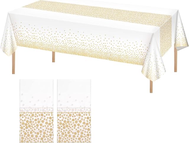 Cozlly 2PCS Gold Dot Party Table Cloth, 137x274cm Plastic Table Cover, Plastic Rectangle Tablecloth, Waterproof Reusable Party Tablecloths for Home Picnic Christmas Wedding Birthday Party Decor