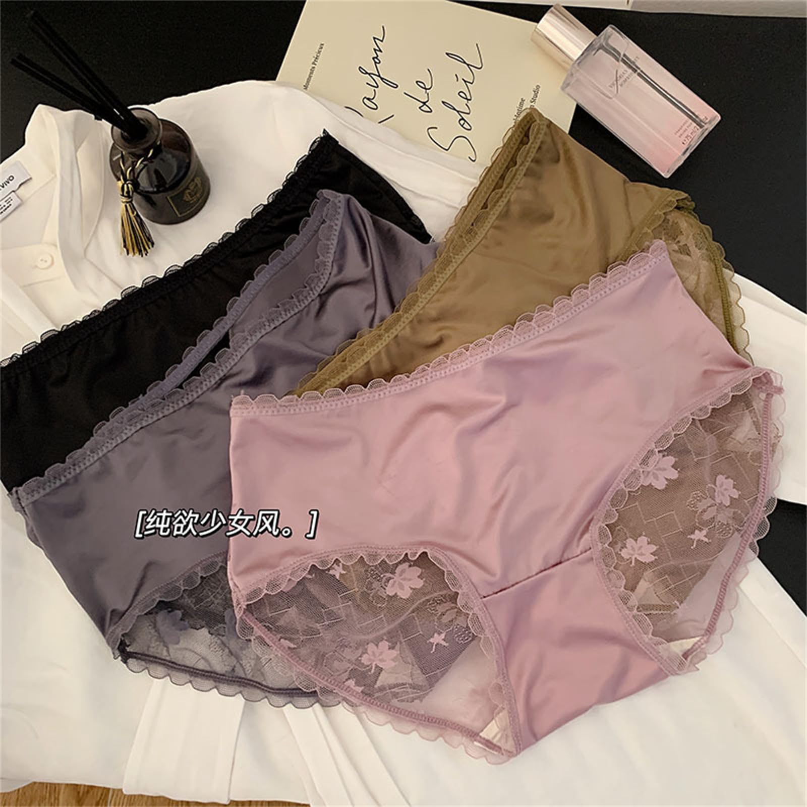 Bragas De Cintura Alta Mujer Packs De 5 Paquetes De Encaje De Satén Malla Mesh Mulberry Silk Entre Espina De Seda Mid-Cintura