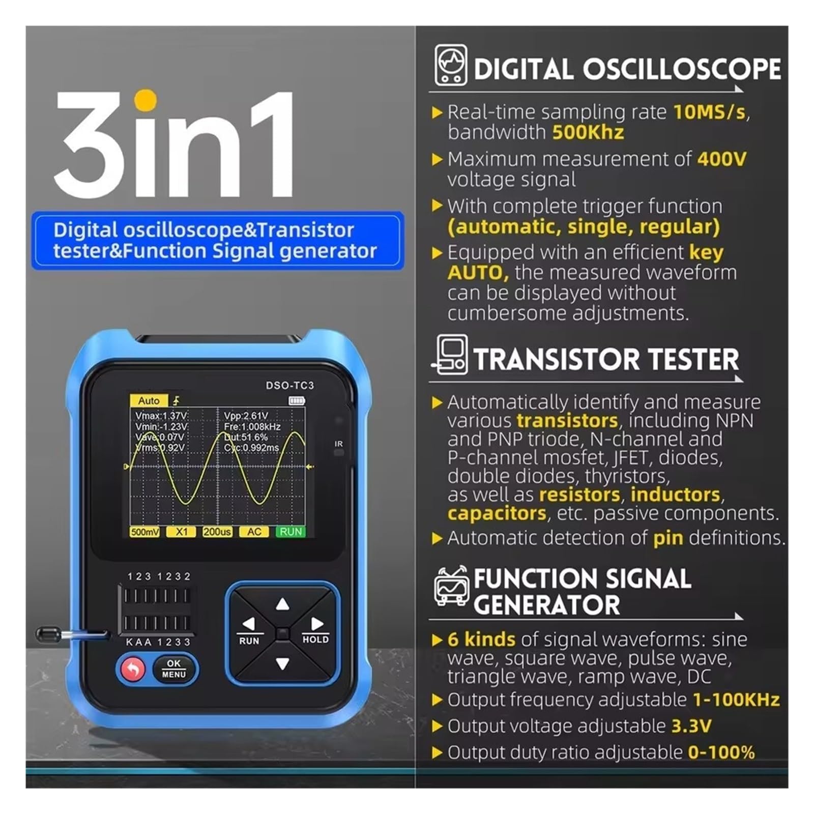 Osciloscopio Digital Herramienta de Prueba Forma Onda, transistores y osciloscopio Digital portátil 3 en 1